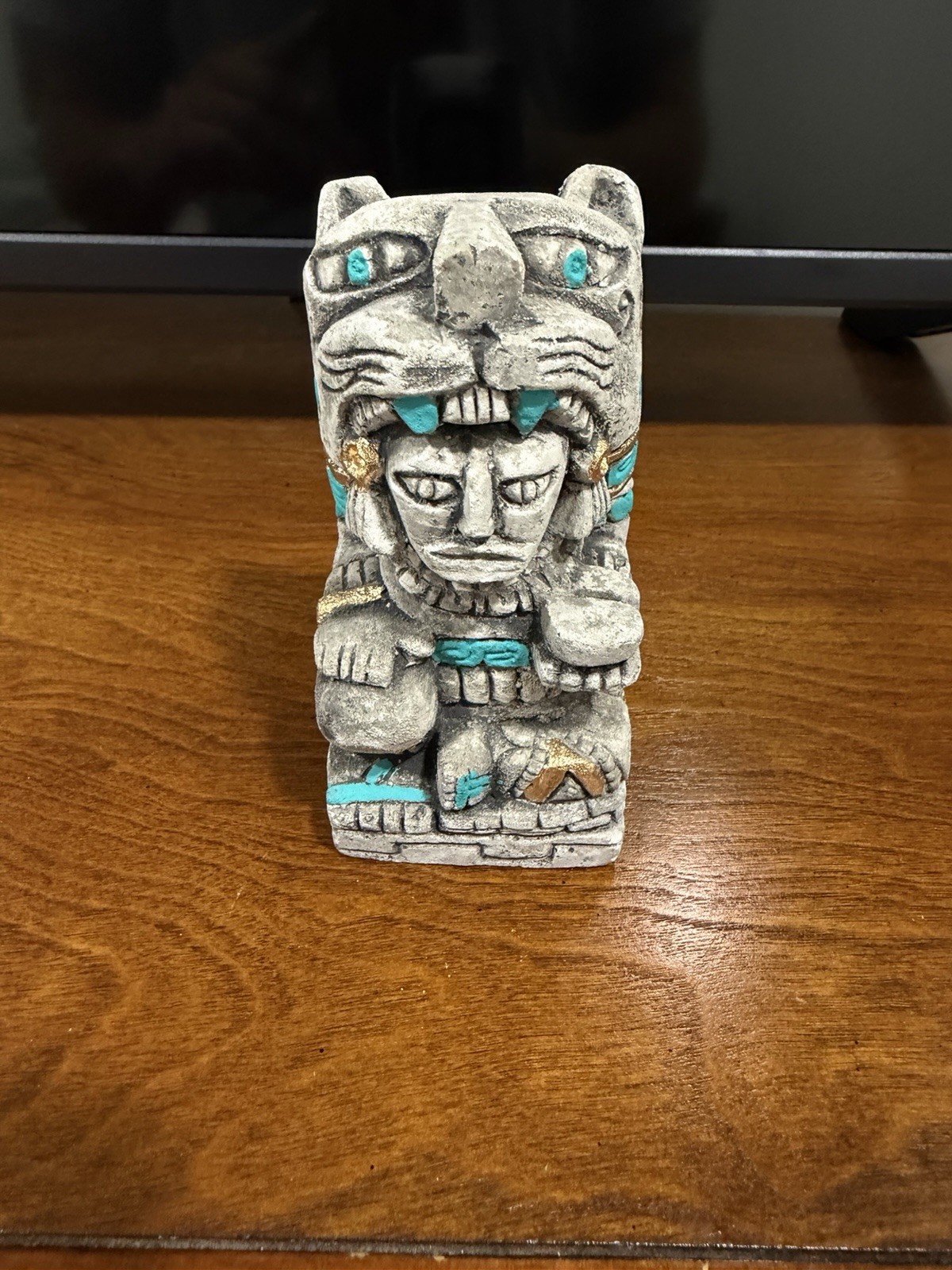 Aztec Mayan Jaguar Warrior Figurine Turquoise Gold Mexico Statue Sculpture