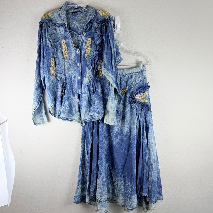Vintage Acid Wash Denim Skirt Set Blue Embroidered Ruffle Western Boho 0976