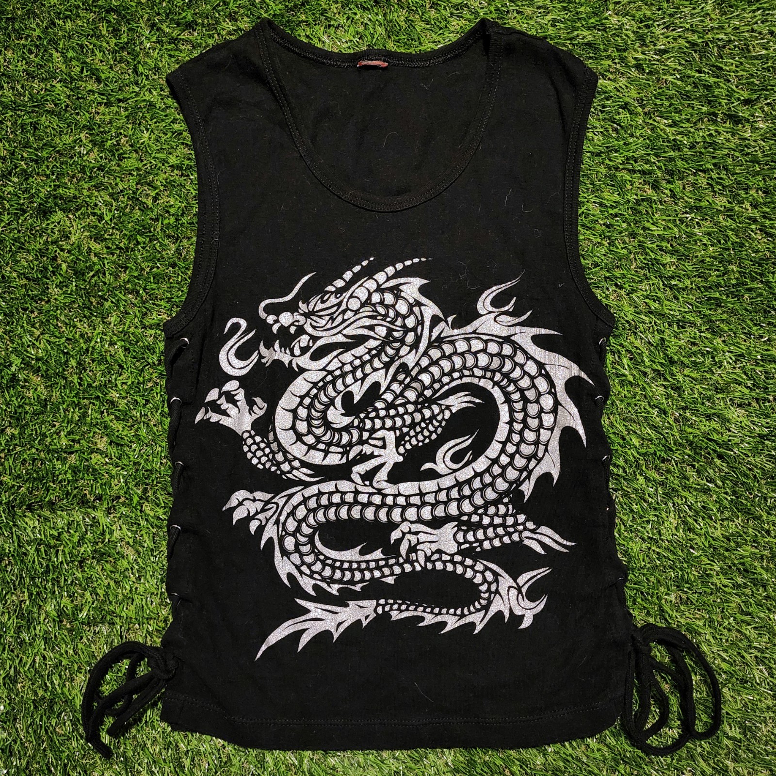 Y2k 2000s Vintage Dragon Graphic Glitter Print Sleeveless Lace-Up Side Tank Top
