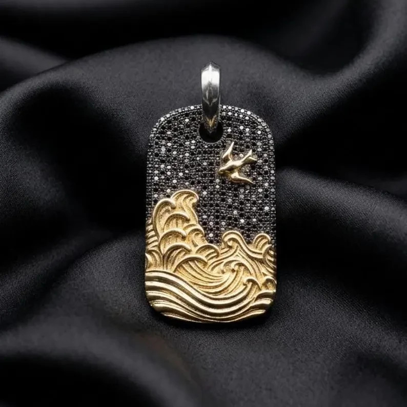 2.30Ct Simulated Black Diamond Ocean Wave Dog Tag Pendant 14K Black Gold Plated