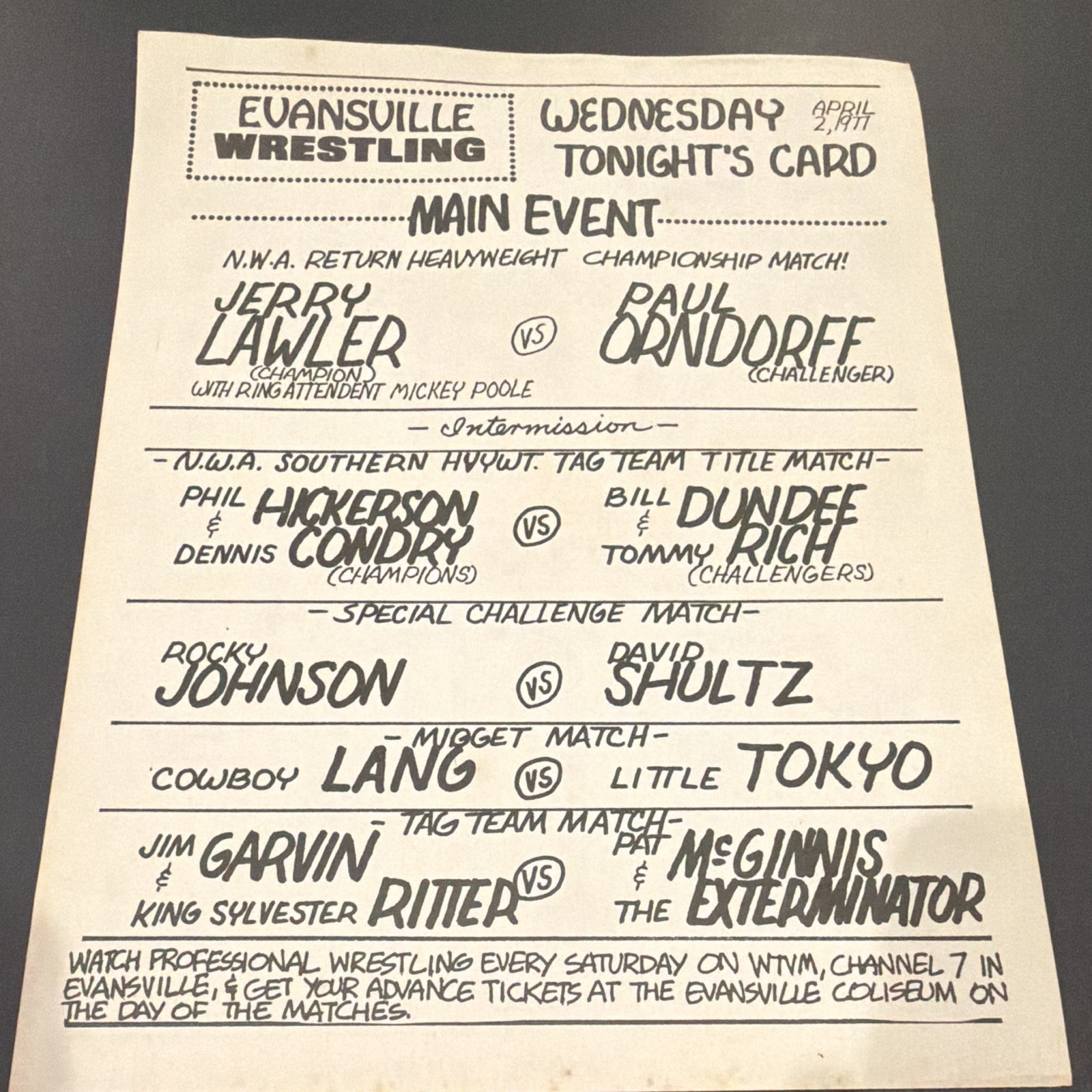Vintage 1977 Memphis Wrestling Program Card Tommy Rich Jerry Lawler Evansville