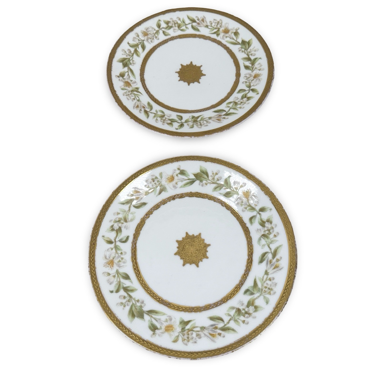 T&V Limoges France Ovington Bros Gold Encrusted Floral Porcelain Plates Set 2