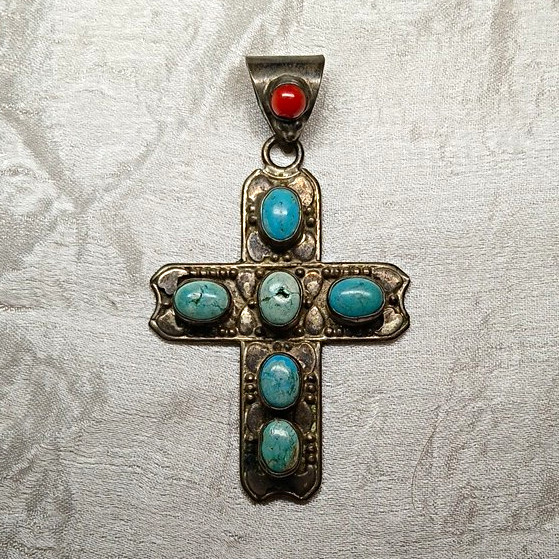 Sterling Silver 925 Southwestern Cross Pendant with Turquoise & Coral Bezel Set