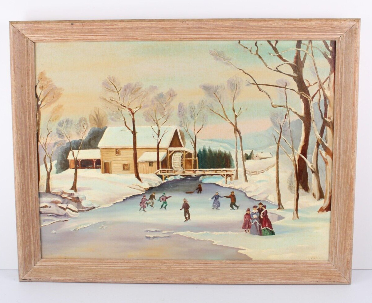 Antique Winter Scene Currier & Ives Style Oil Painting Signed Grace Bowen Antique Winter Scene Currier & Ives Style Oil Painting Signed Grace Bowen