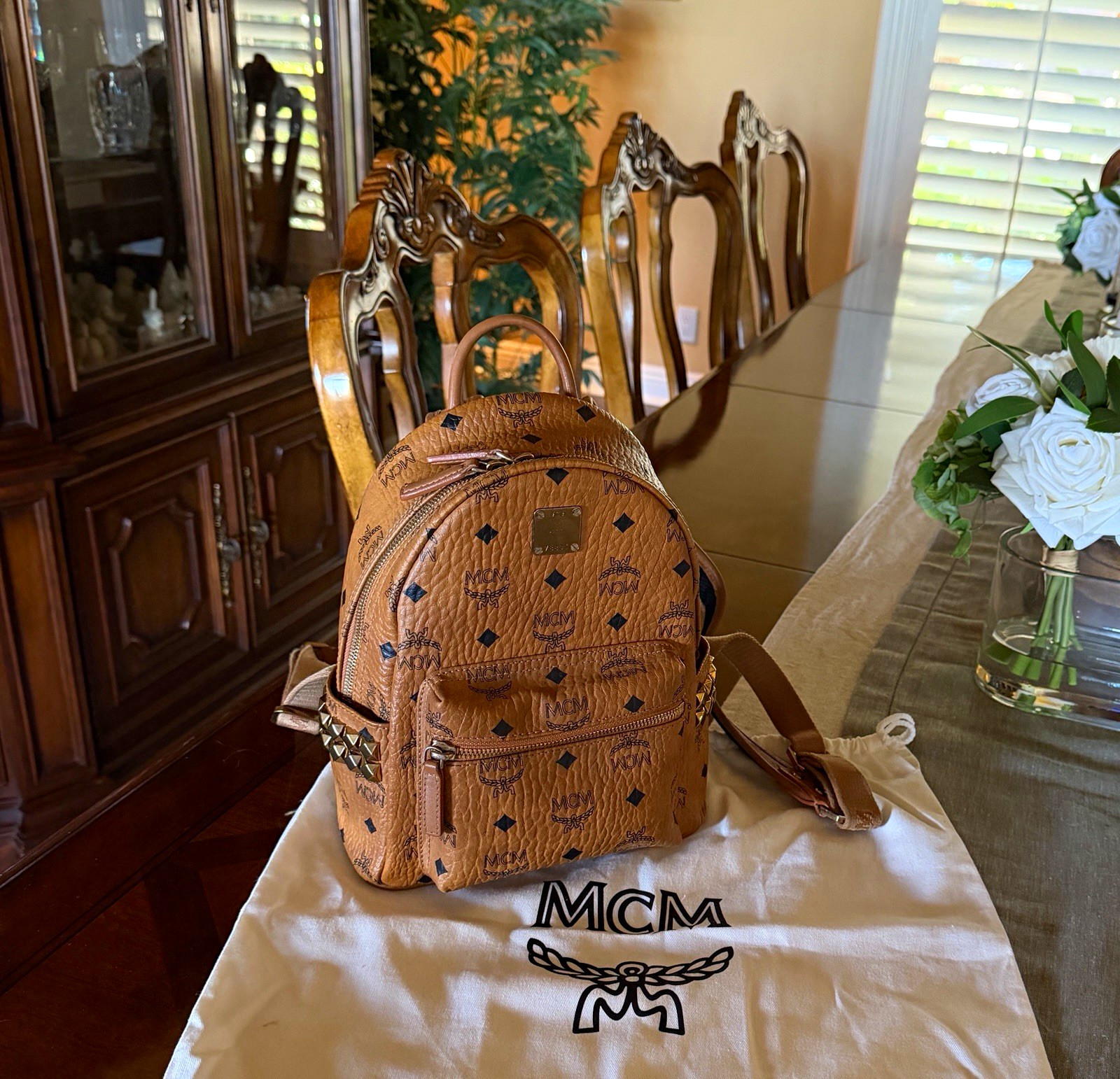 MCM Stark Visetos Medium Studded Backpack Cognac Brown w/ Dust Bag.