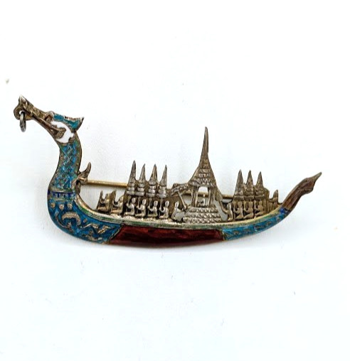 Vintage SIAM Sterling Silver Brooch Boat Thai Temple Scene Pin