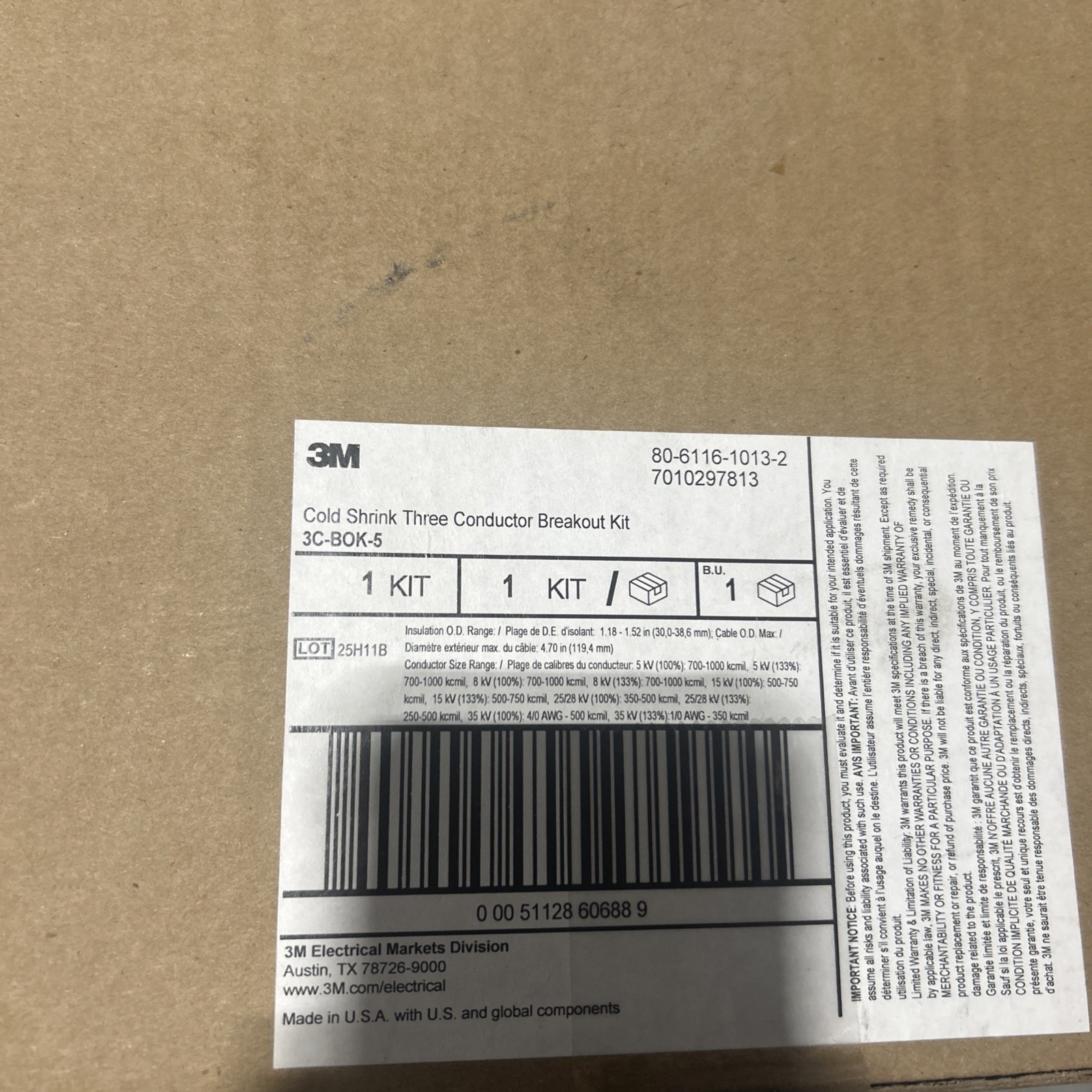 3M 3C-BOK-5 Cold Shrink 3 Conductor Breakout Kit Black In-Line 3:1