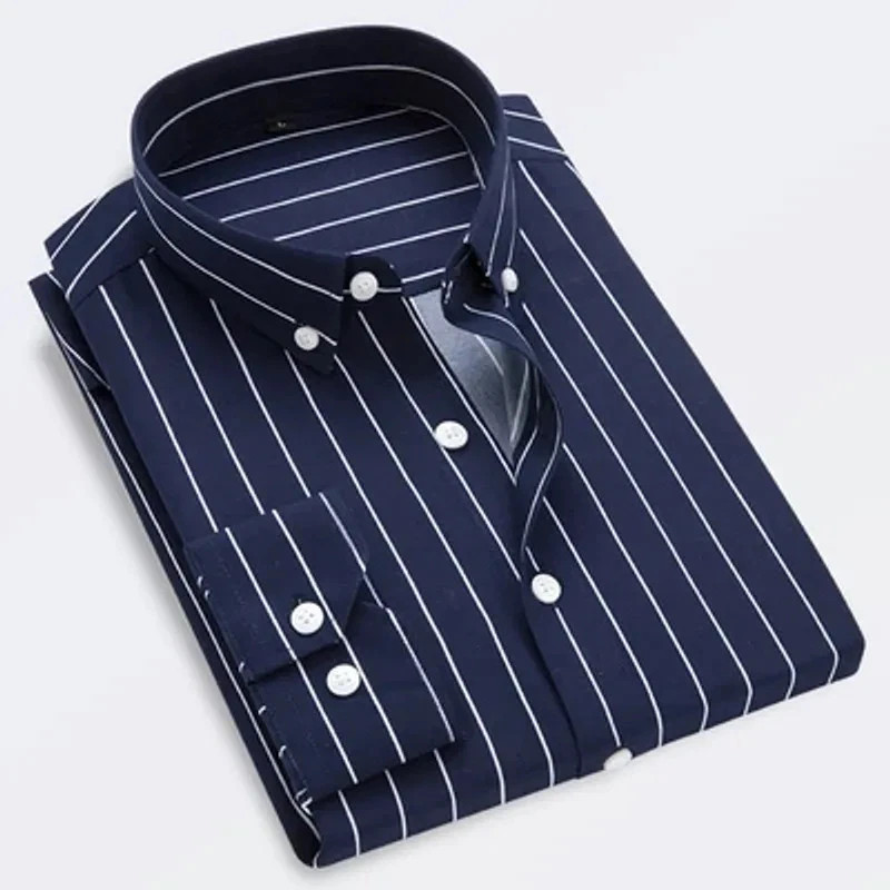 Mens Dress Shirts Long Sleeves Slim Fit Camisas Striped Cotton Casual Shirts Top