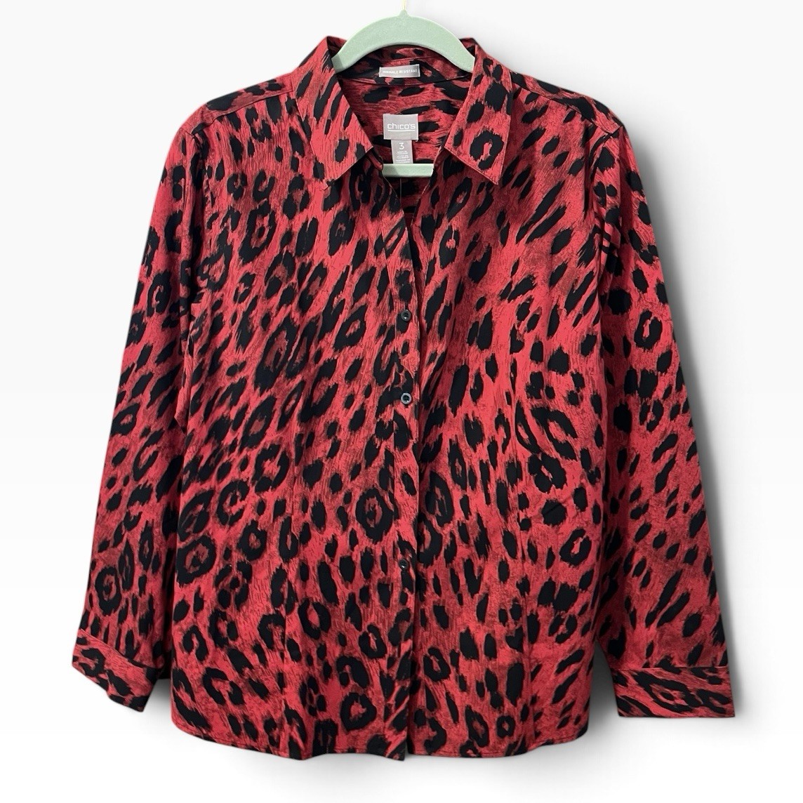 NWT CHICOS Timeless Animal Lorena Long Sleeve Basic Rojo Red Blouse Size 3/Xlg NWT CHICOS Timeless Animal Lorena Long Sleeve Basic Rojo Red Blouse Size 3/Xlg