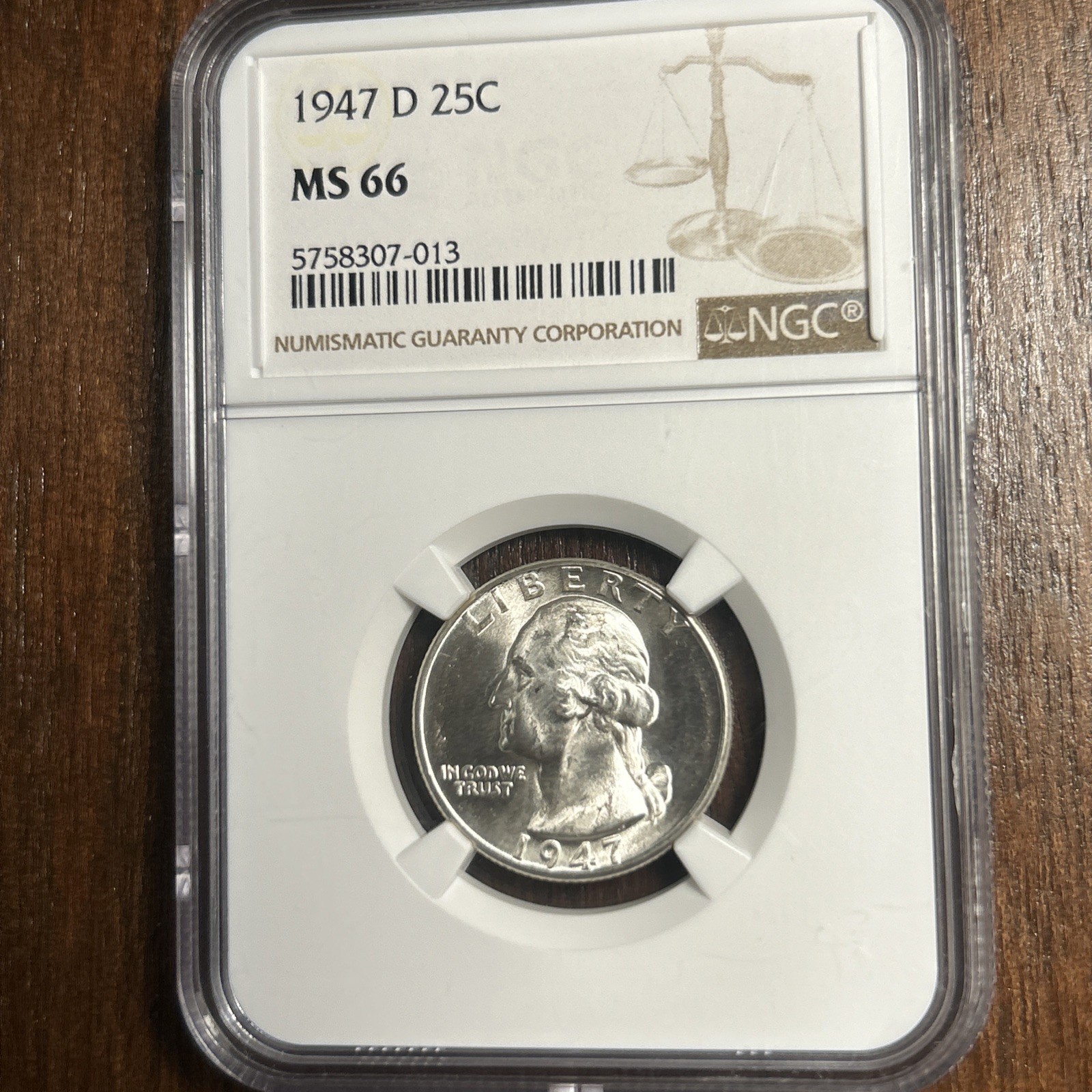 1947d Washington Quarter NGC MS66  Silver 