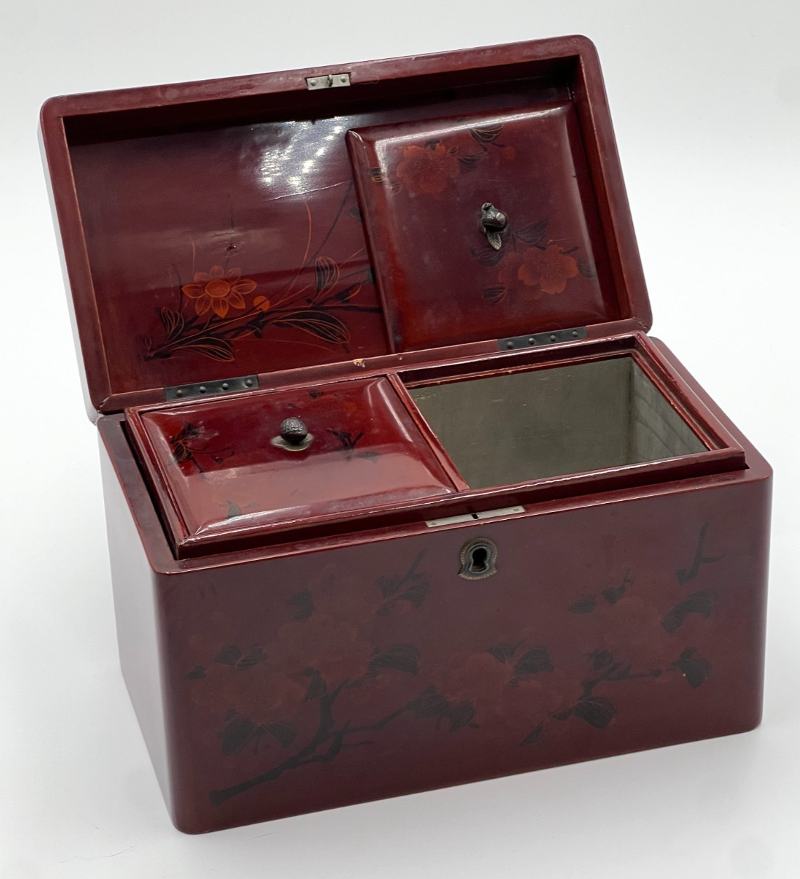 Lacquerware Tea Caddy, LARGE, Japanese Meiji Red Lacquerware with River Scene