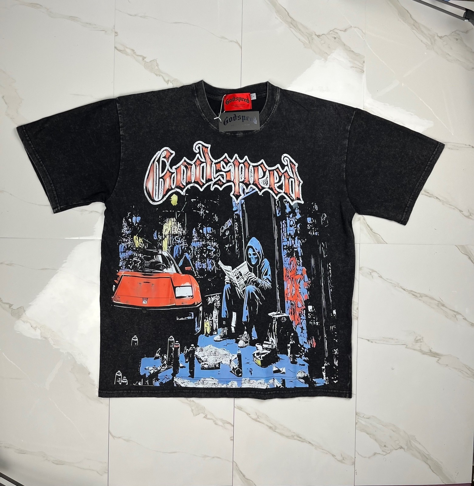 Godspeed Graphic Black T-Shirt with Vintage Car and Street M