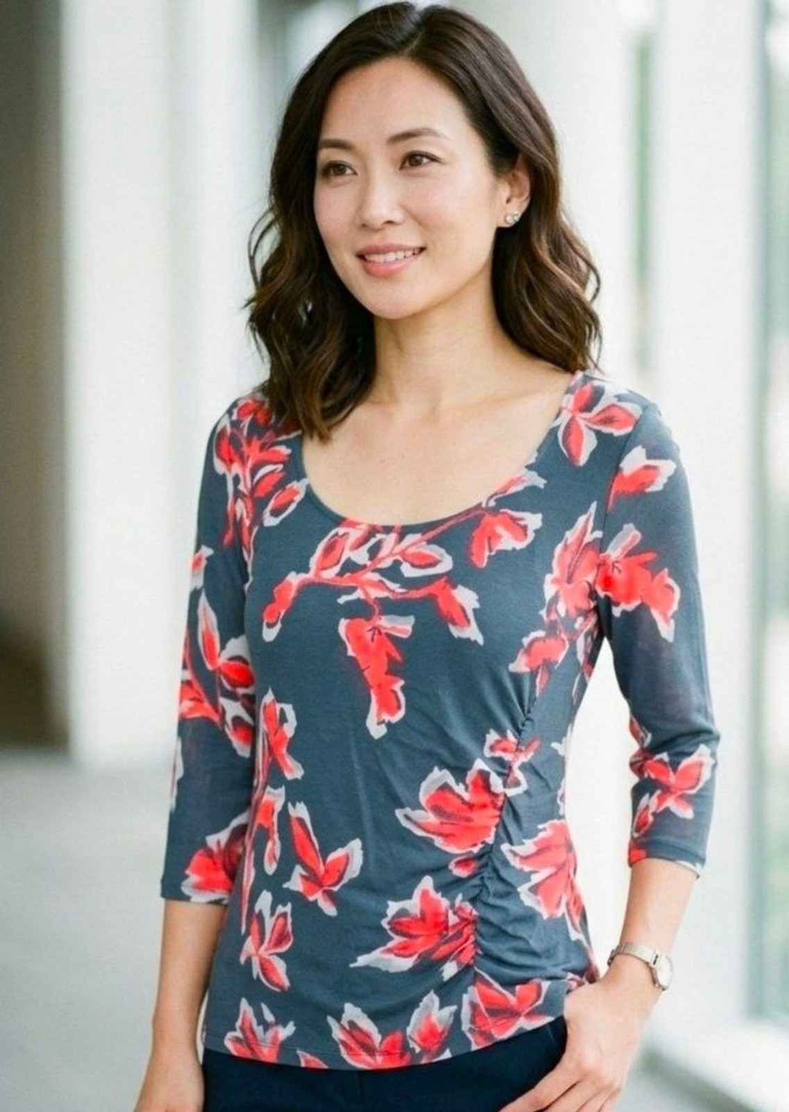 Apt 9 Floral Ruched Side Top Gray Coral Abstract 3/4 Sleeve Blouse - Size L