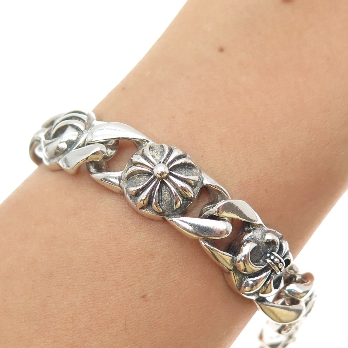 925 Sterling Silver Vintage Fleur de Lis Cross Oxidized Anchor Link Bracelet 8\