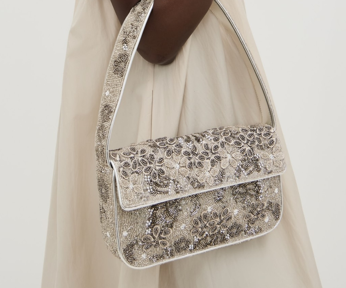 STAUD TOMMY BEADED SILVER GARDEN PARTY Shoulder Bag MSRP$395 Timeless Chic