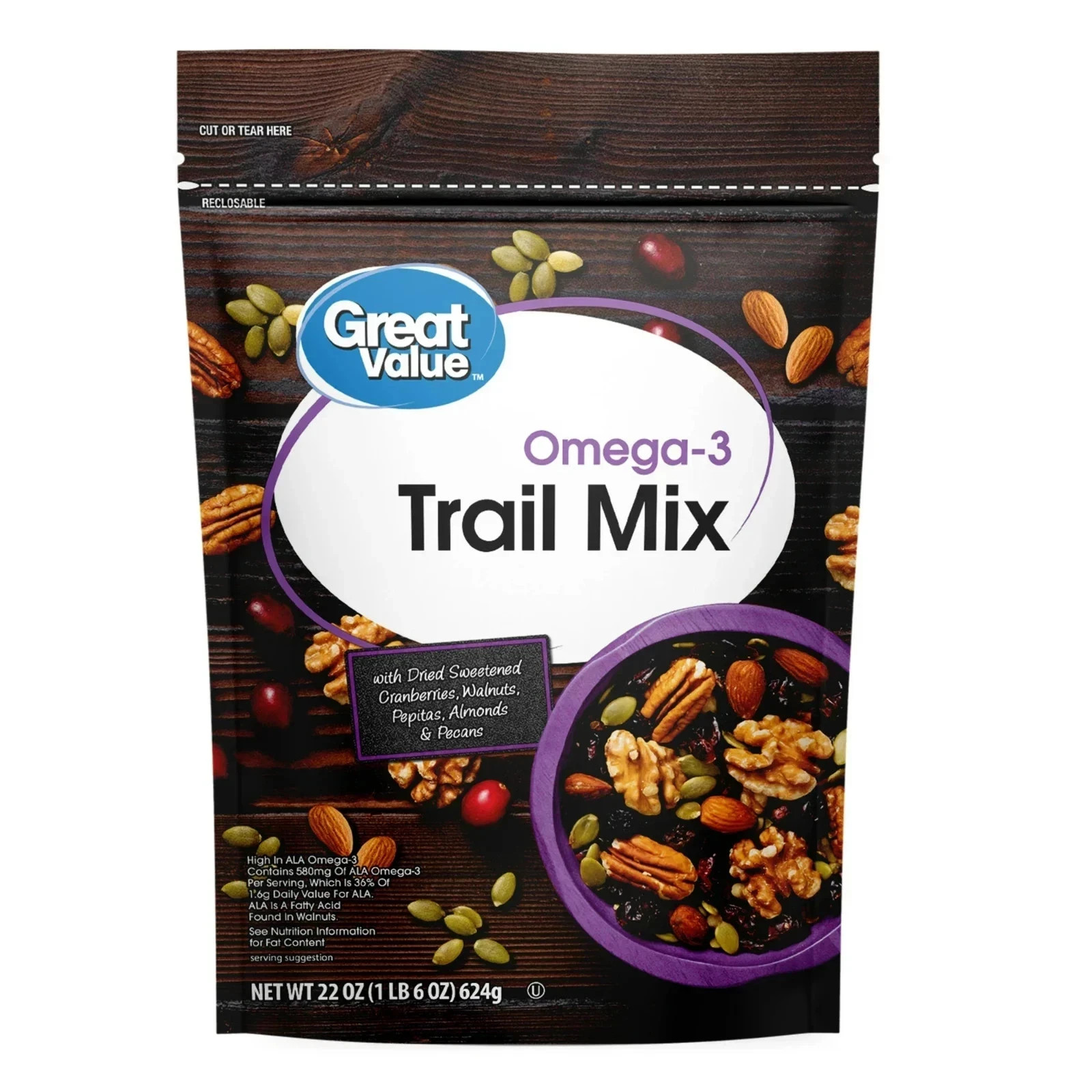 Great Value Omega-3 Trail Mix, 22 oz Great Value Omega-3 Trail Mix, 22 oz