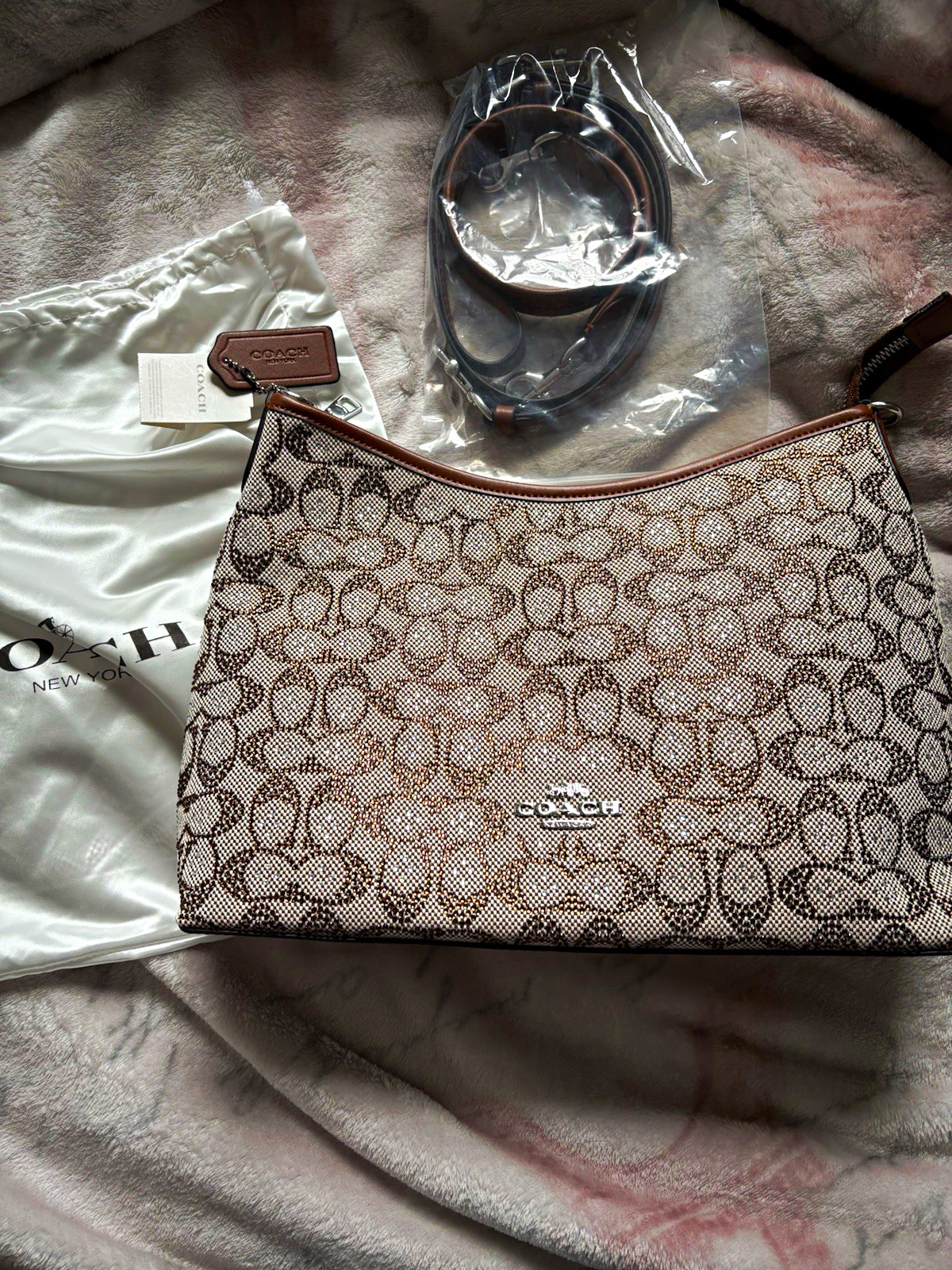 Coach Signature Monogram Zip Shoulder Bag w Detachable Strap & Dust Bag