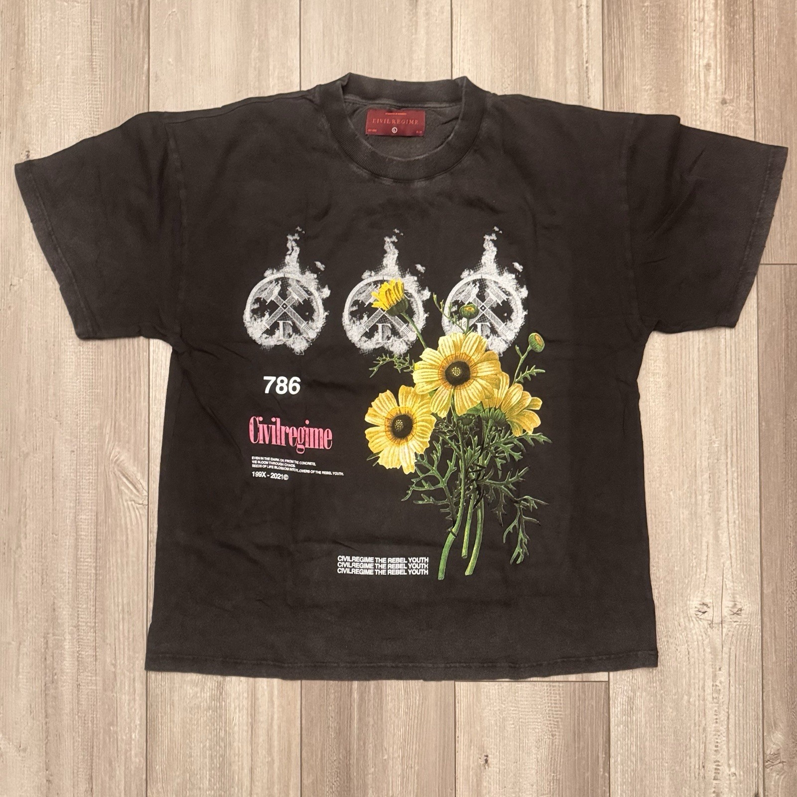 Civil Regime Darc Sport Red Tag 001-500 Tee LRG Blk Floral Vintage Wash  NWT