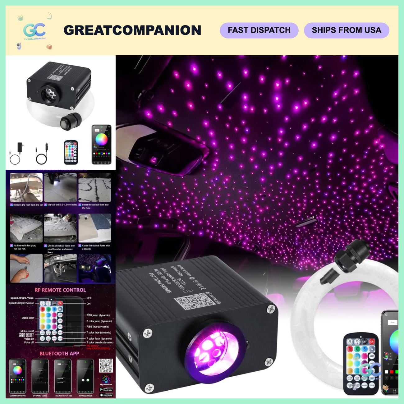 16W RGBW Fiber Optic Starlight Headliner Kit, Twinkle Sound Activated, 500 pcs