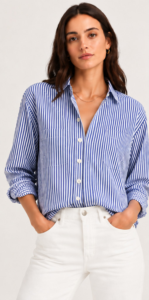 AYR The Deep End Shirt Womens Large White Blue Striped Button Down Preppy EUC
