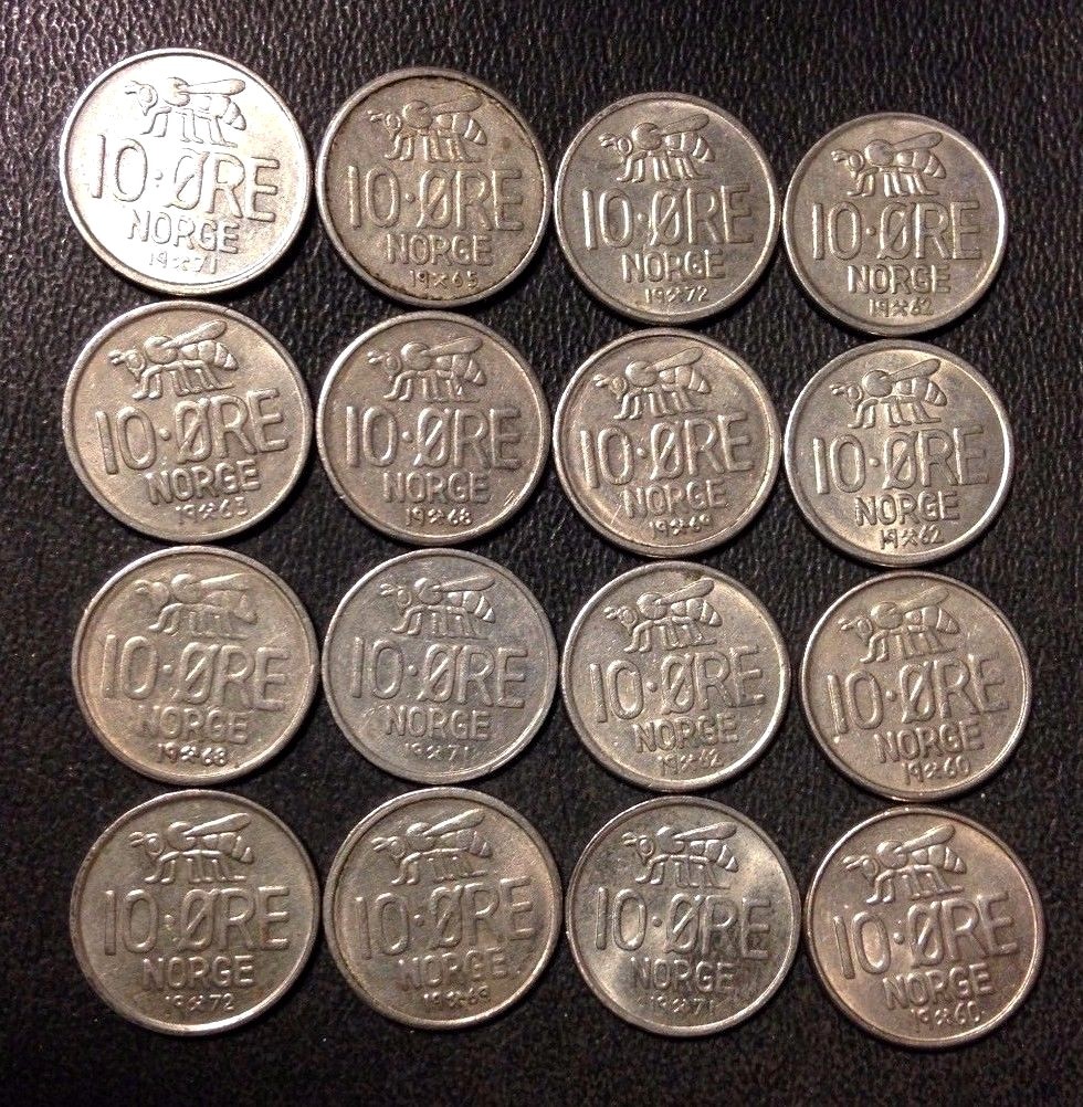 Vintage Norway Coin Lot - 10 ORE - BEE SERIES - 16 Uncommon Coins - 