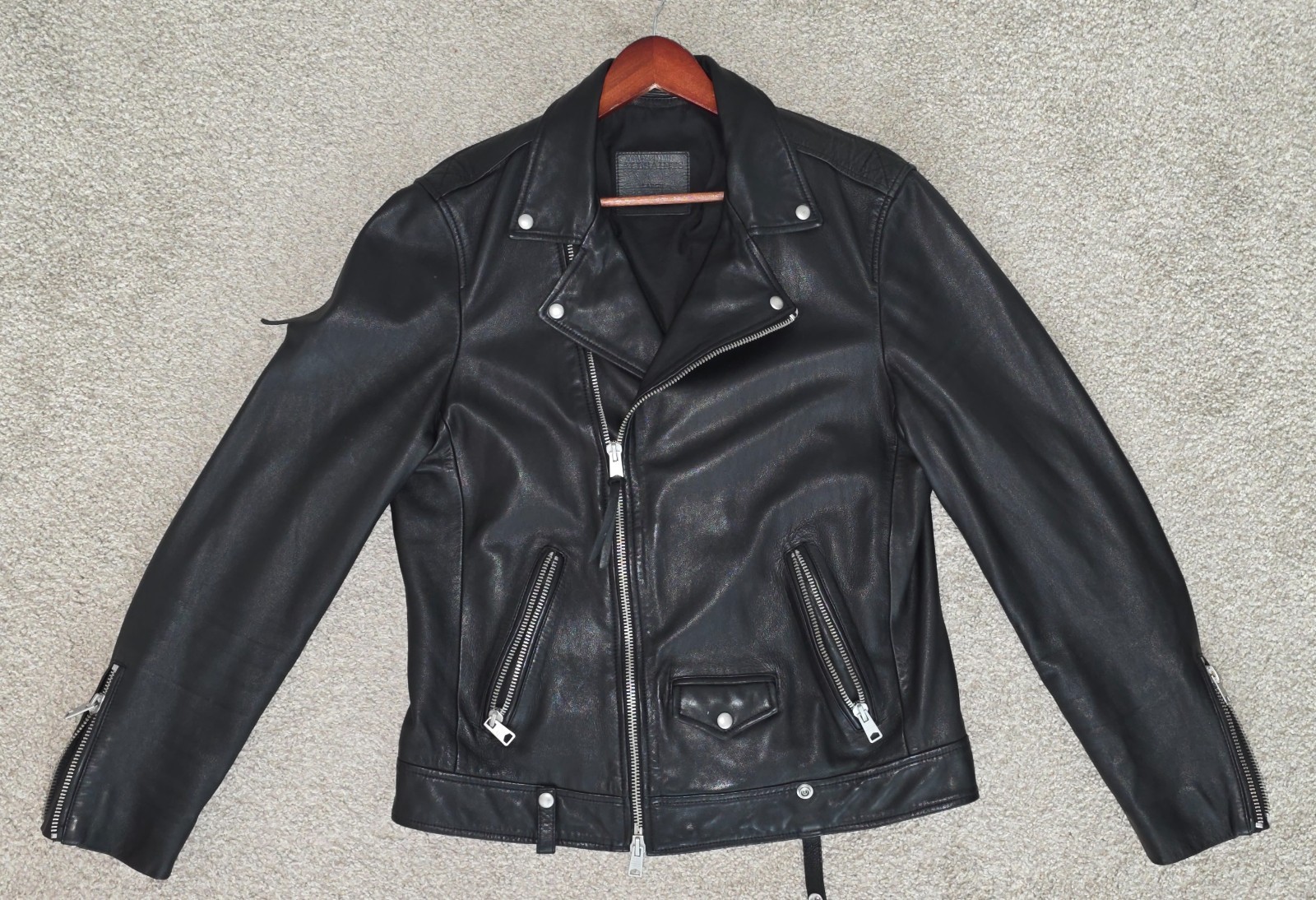 ALLSAINTS Milo Leather Biker Jacket – Black Leather Moto Jacket RIPPED  $699