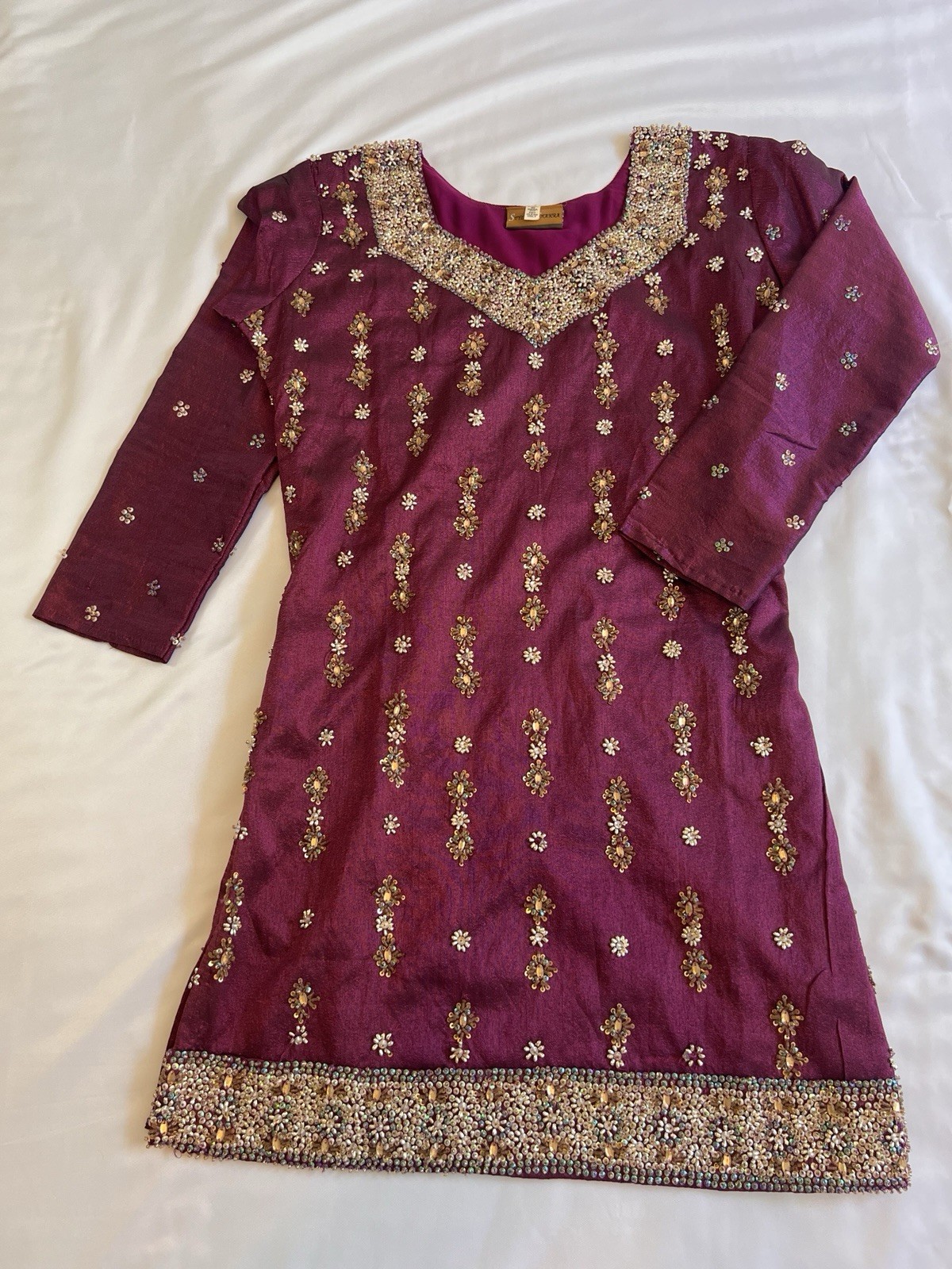 Purple Beaded Indian Tunic Kurta Women\'s Small Formal Party Wear Top New