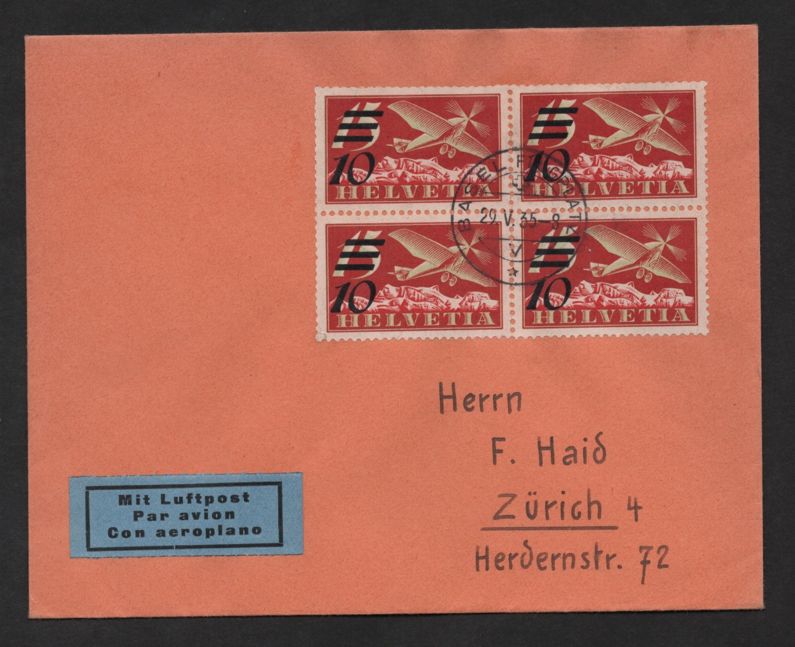 SWITZERLAND 1935 AIR MAIL SCOTT #C19 BLOCK OF 4 TIED BASEL TO ZURICH RARE