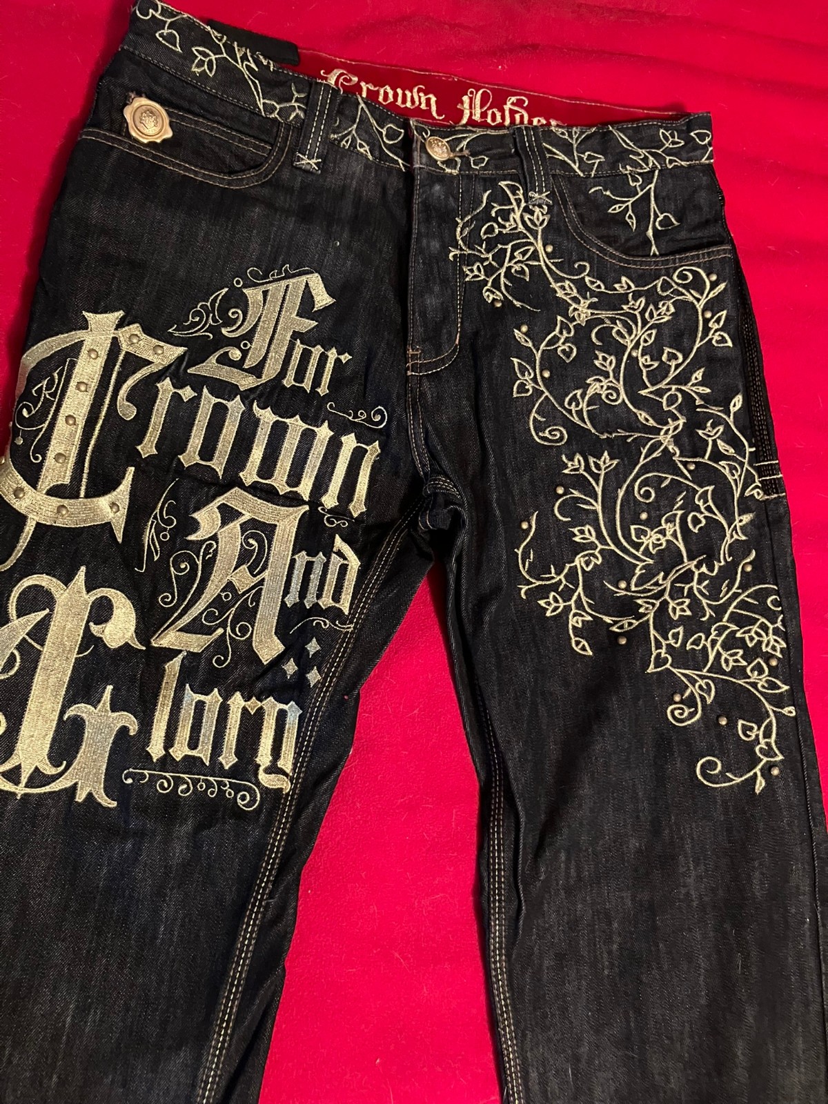 Crown Holder Jeans 36 Black Gold Embroidered GH Royal Crest Studded Denim