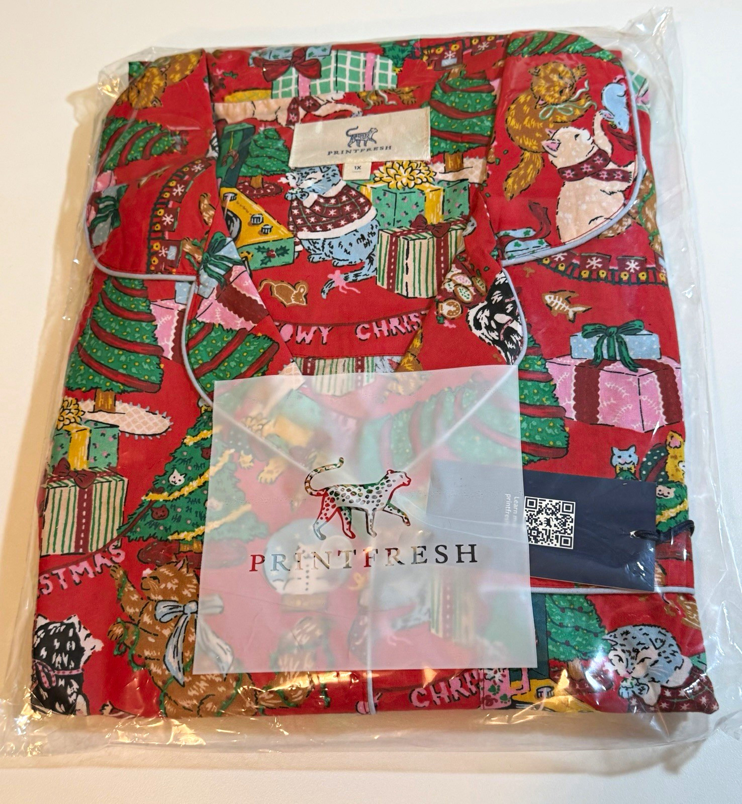 Printfresh Meowy Christmas Cotton Pajama Set Size 1X NWT Long Sleeve Top & Short