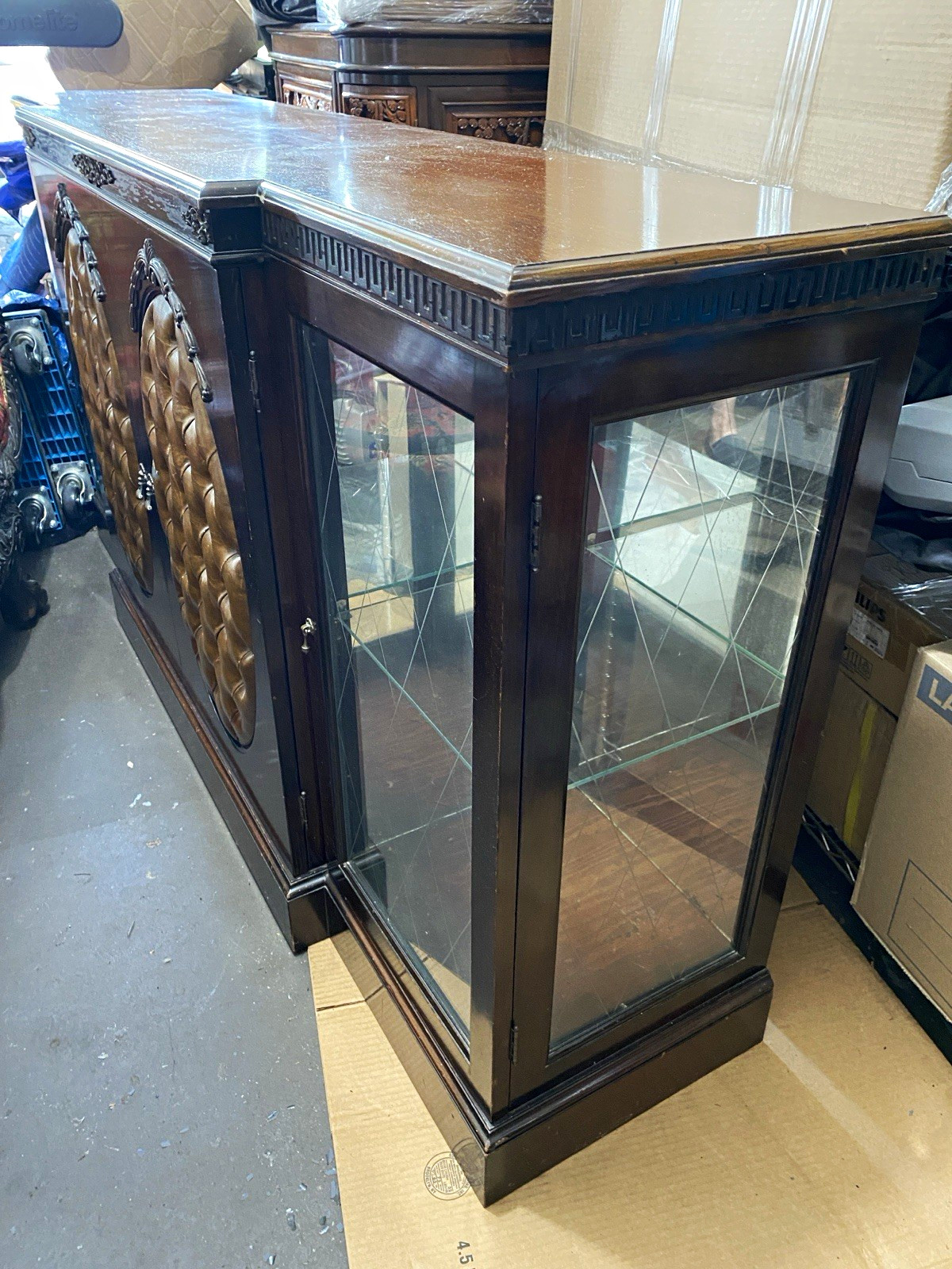 Brown Wood & Glass Free Standing Display Console Cabinet