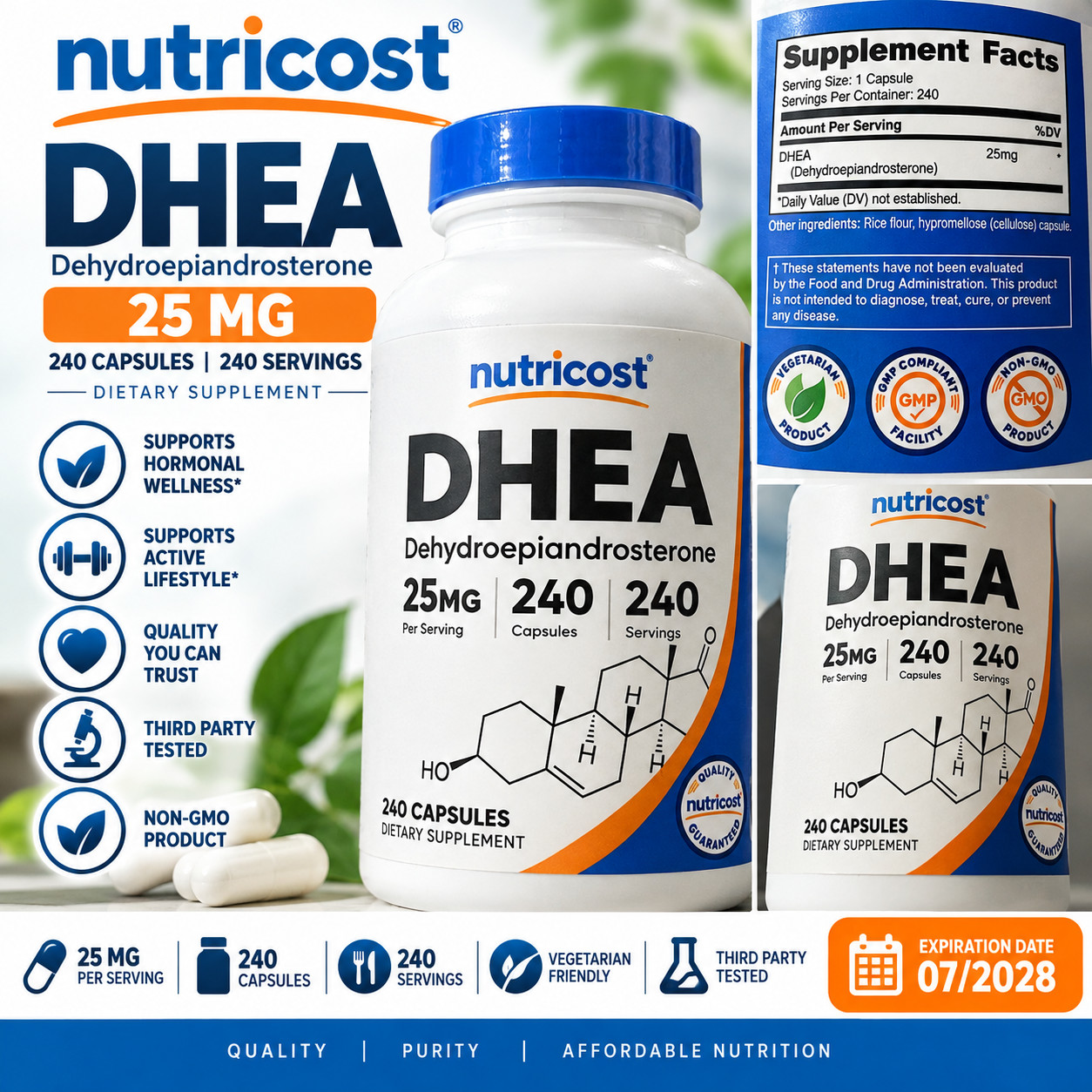 Nutricost DHEA 25mg 240 Capsules 240 Servings Dietary Supplement EXP 07/2028