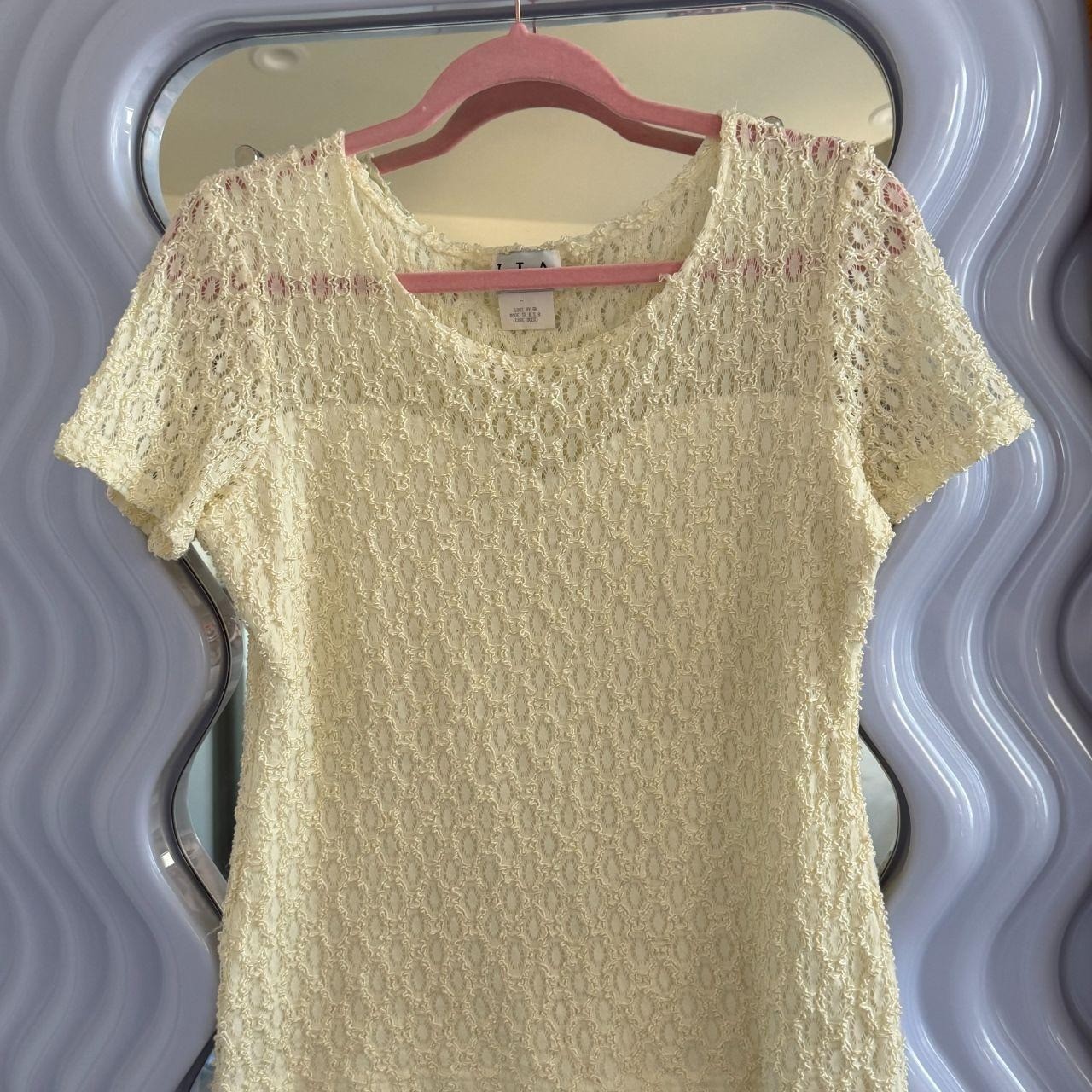 LIA Vintage Sheer Cream Lace Sweetheart Neckline Top Short Sleeve Cream Size L