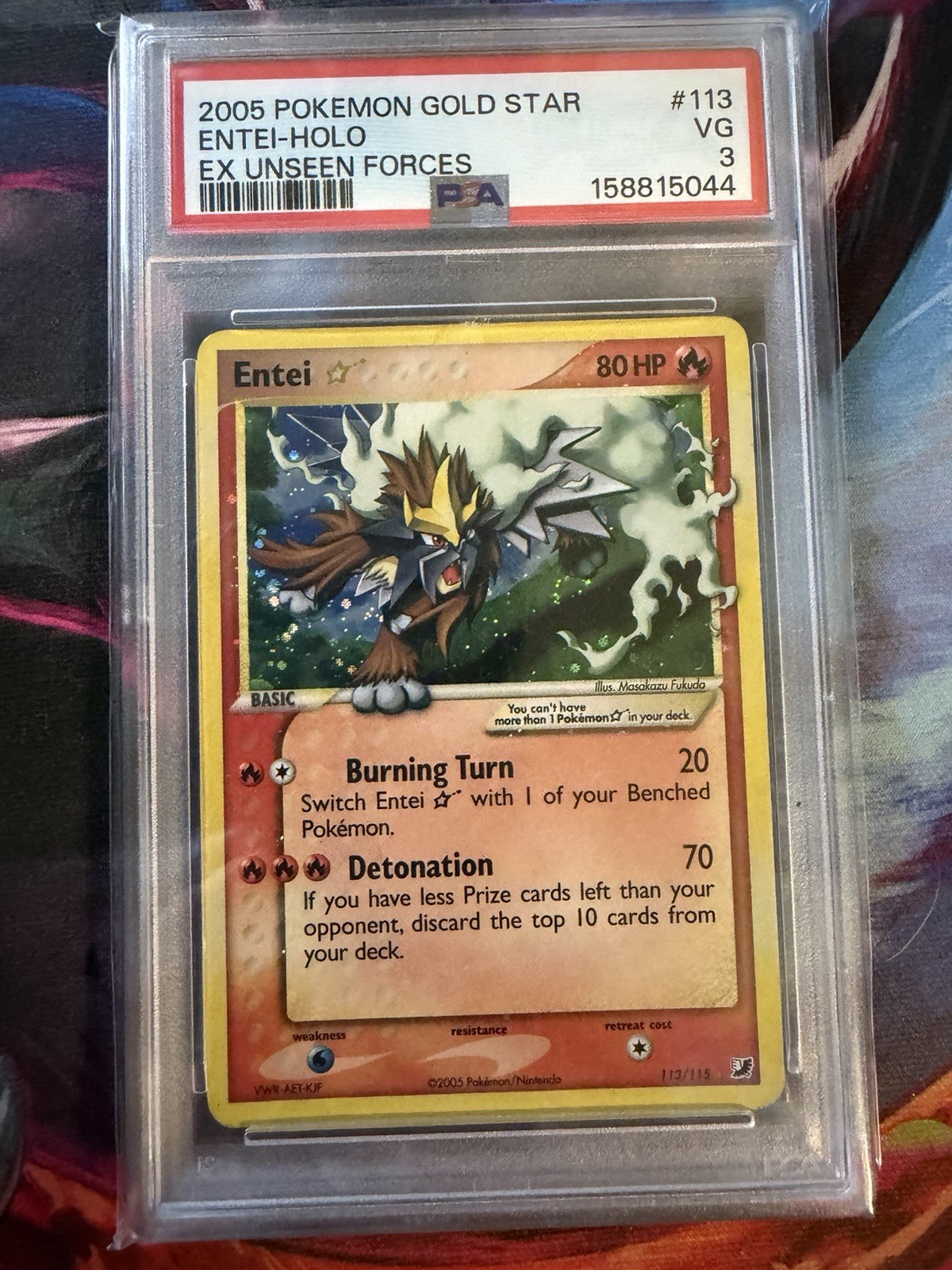 2005 Pokémon TCG EX Unseen Forces Entei Star Gold Star Holo 113/115 PSA 3 2005 Pokémon TCG EX Unseen Forces Entei Star Gold Star Holo 113/115 PSA 3