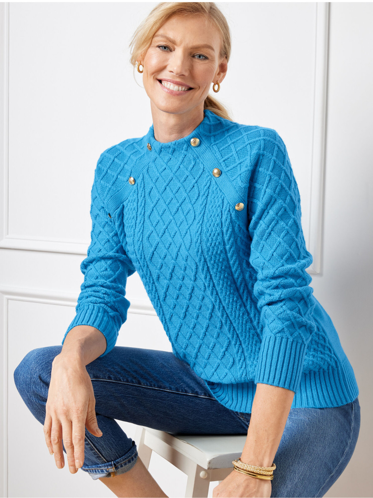 NWT TALBOTS Mockneck Cable Knit Sweater in Blue Size Lp NWT TALBOTS Mockneck Cable Knit Sweater in Blue Size Lp
