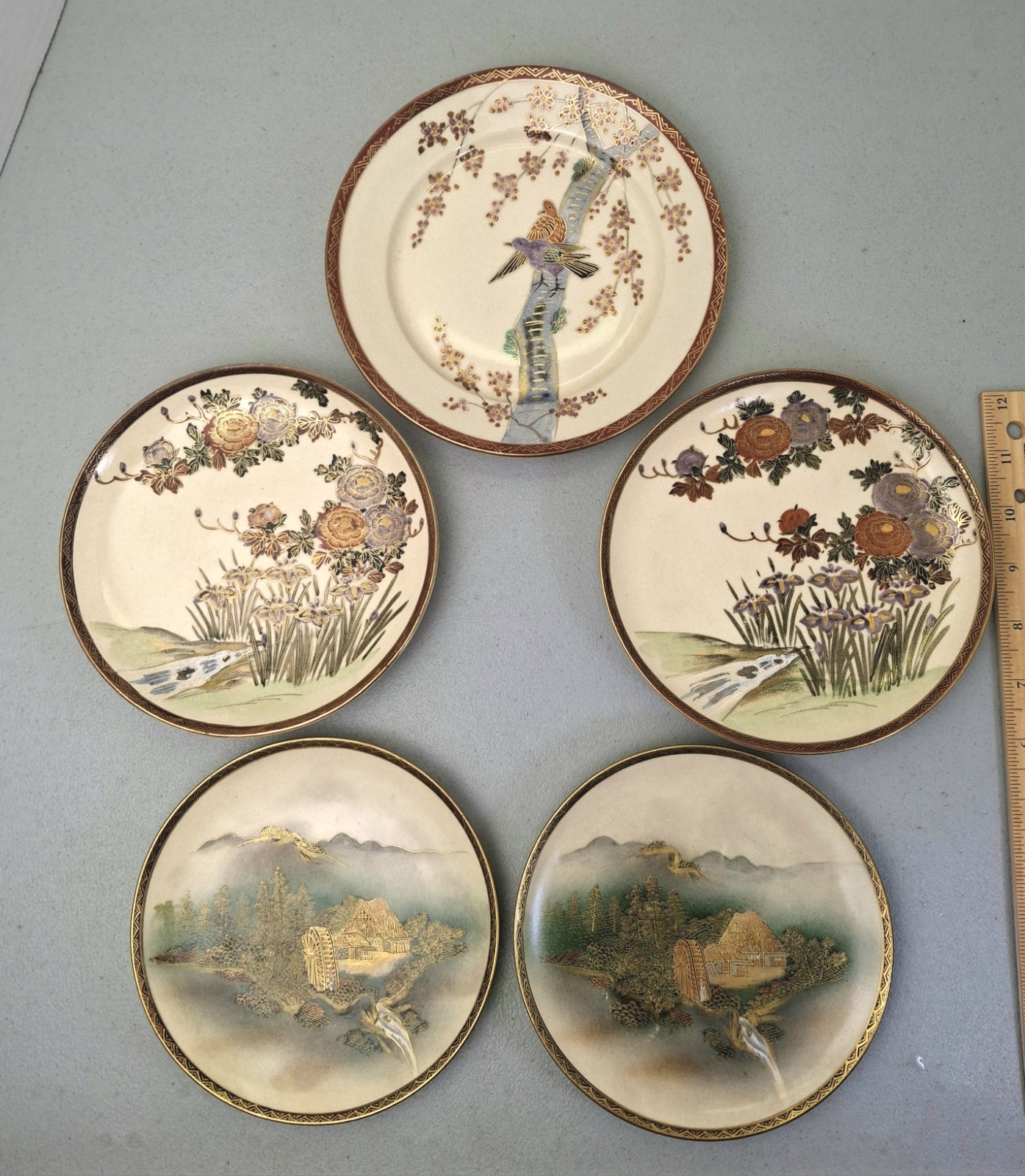 Vintage Japanese Kutani Satsuma Style 5-Pc Nesting Plate Set Hand-Painted Gold G