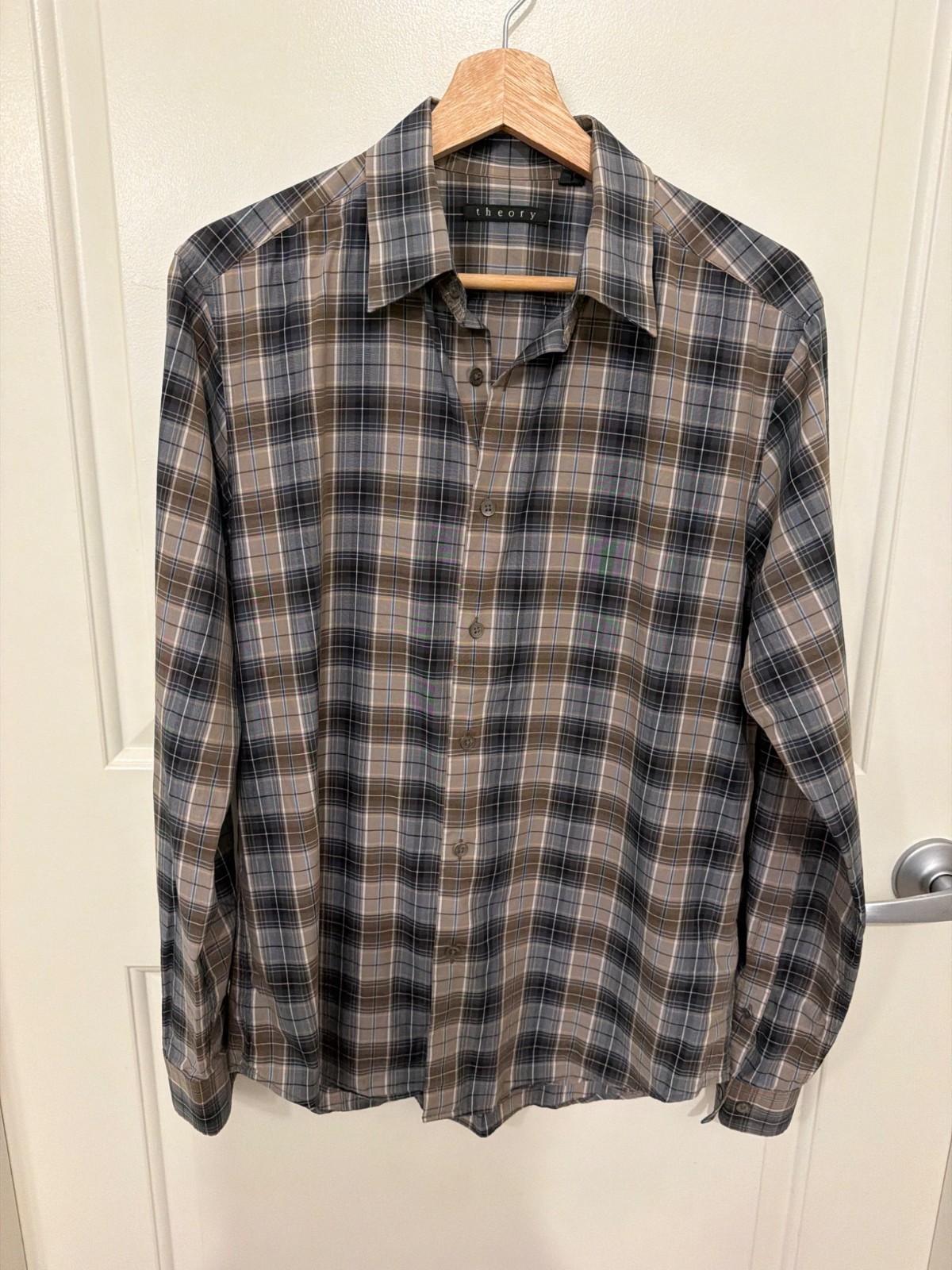 Theory Sylvain Huffer Men’s M Plaid Cotton Button-Up Shirt Brown Gray