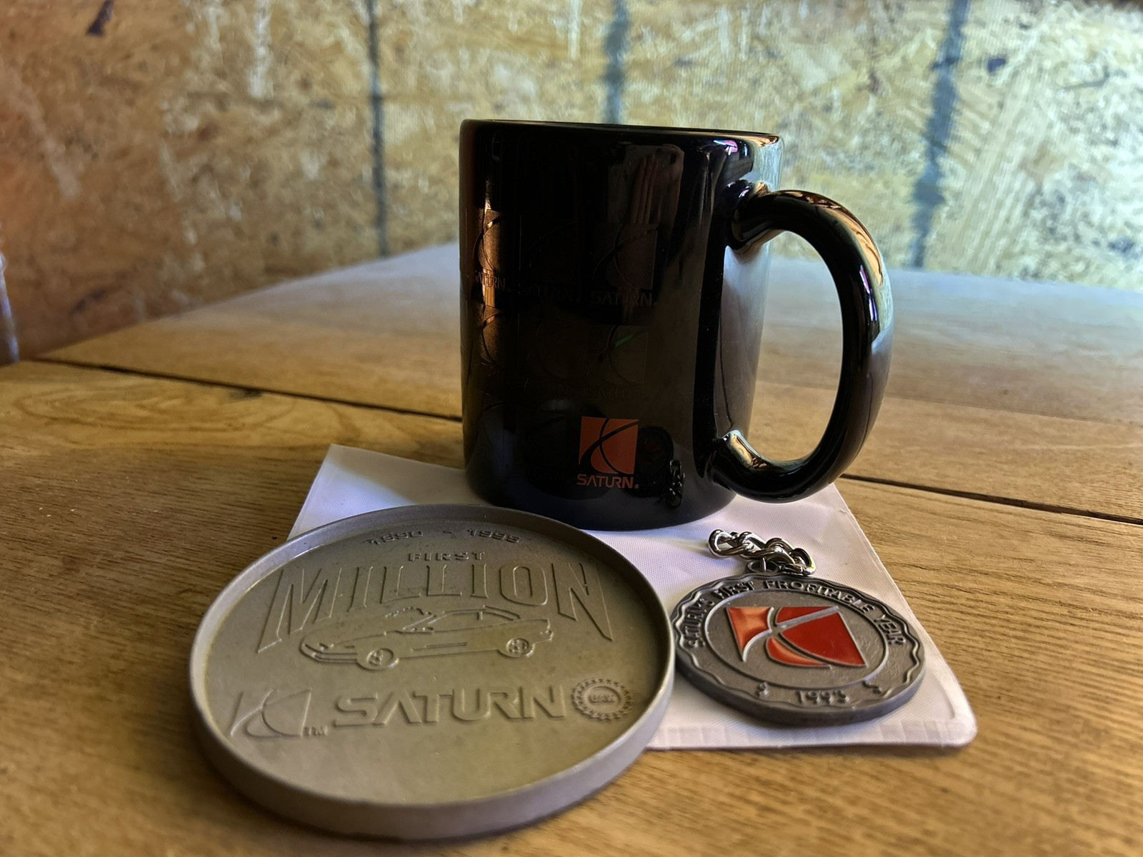 RARE Vintage Saturn GM First Million 1990-1995 UAW Medal + 1993 Keychain Mug