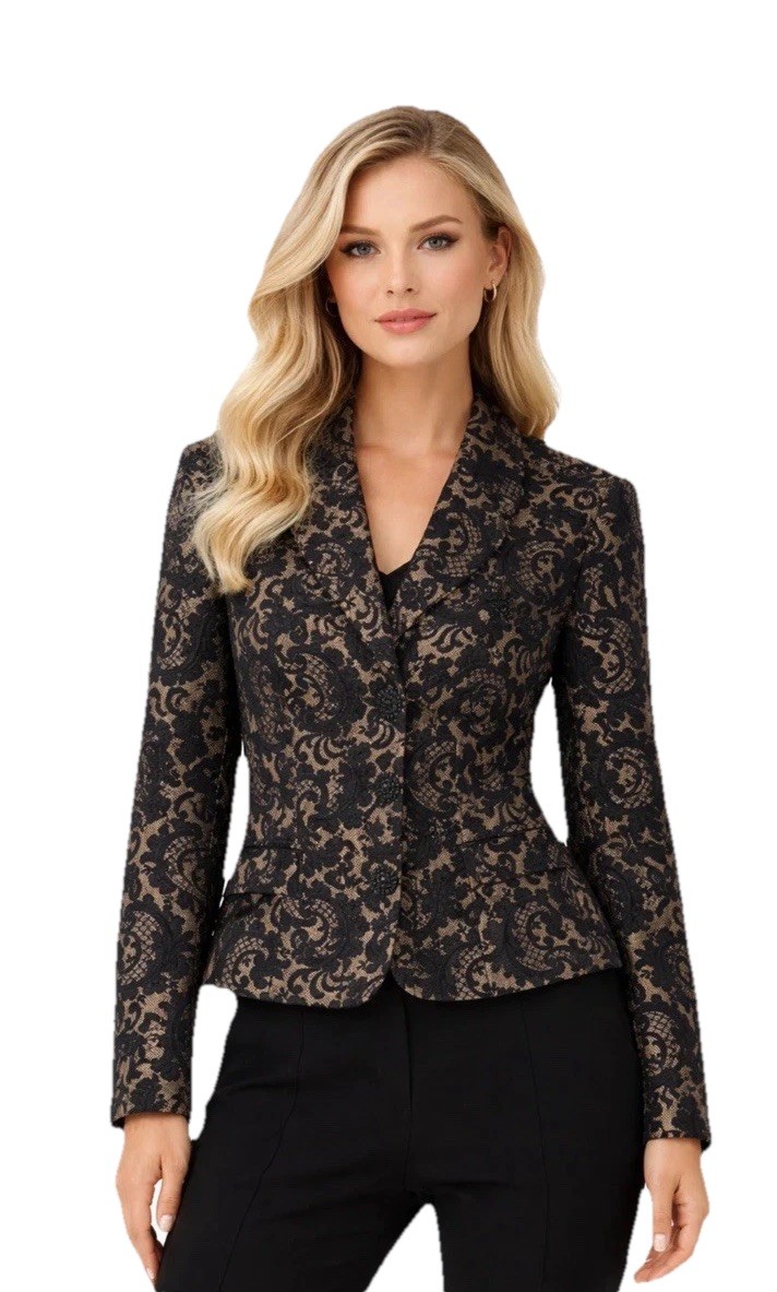 KAY UNGER Sz 2 Black Nude Jacquard Embroidered Rhinestone Button Blazer Jacket KAY UNGER Sz 2 Black Nude Jacquard Embroidered Rhinestone Button Blazer Jacket