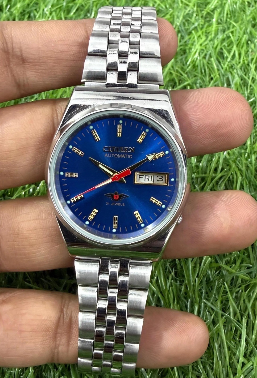Vintage Citizen Automatic Men's Watch Refurbished Japanese Day-Date Blue Dail