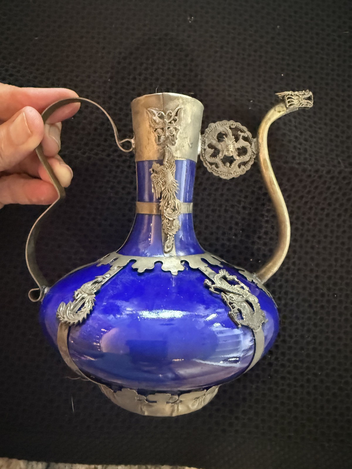 Vintage Chinese Cobalt Blue Porcelain Ewer / Teapot – Dragon & Butterfly Silver-