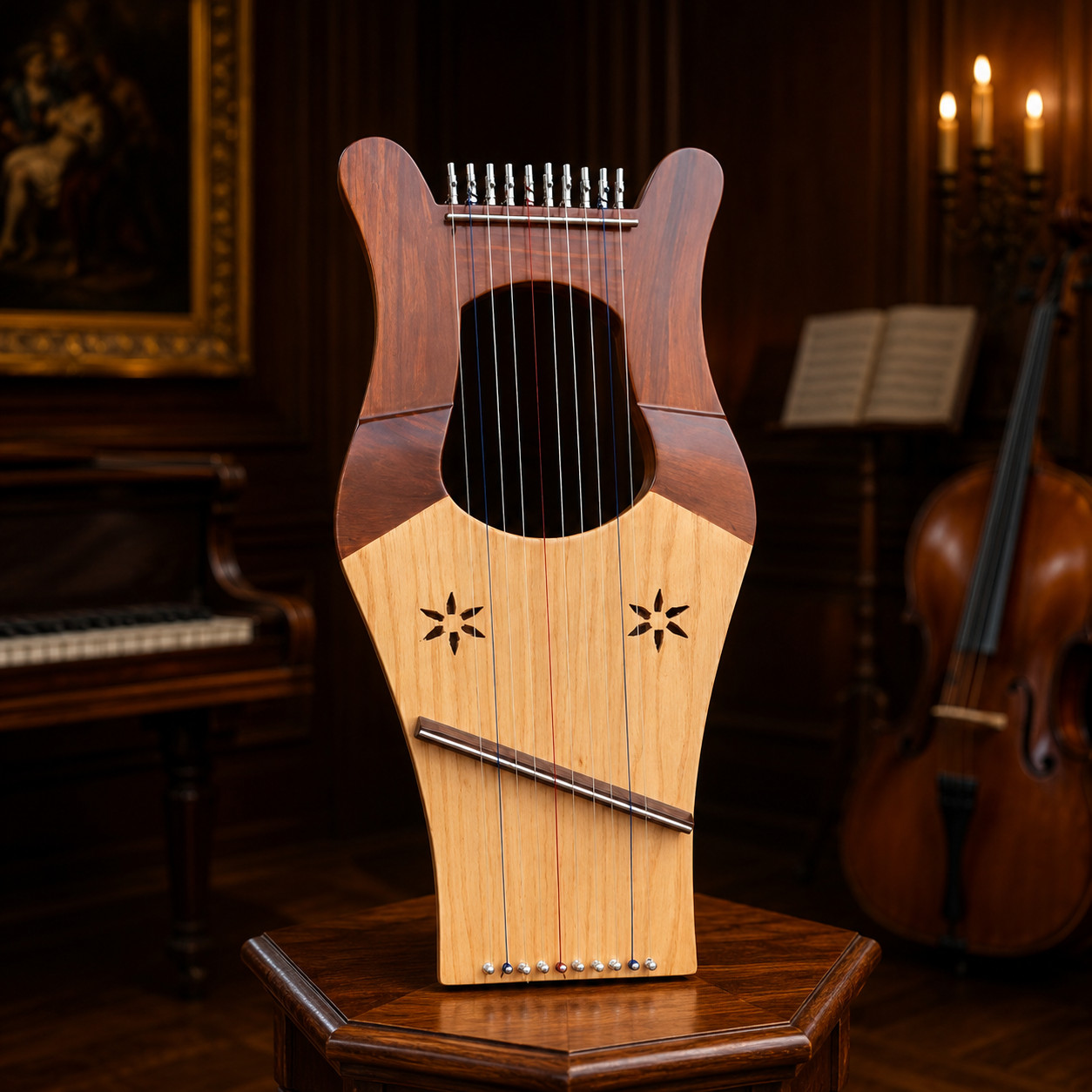 Rosewood Wooden Lyre Harp 10 Nylon Strings Celtic Instrument with Tuning Key