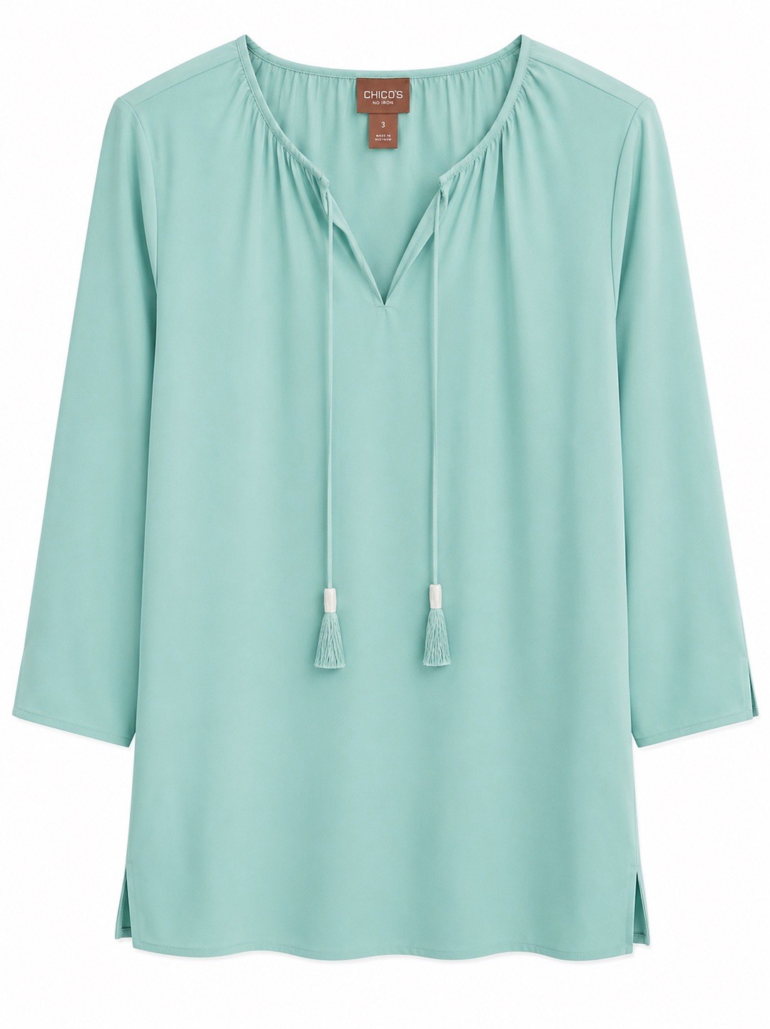 Chico’s Tunic Blouse Women’s XL Aqua Blue Neck Tassels Lightweight Top