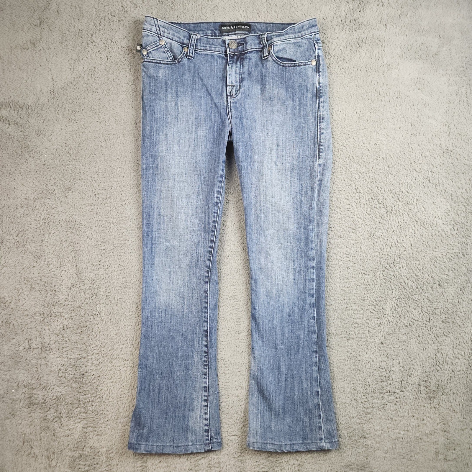 Rock & Republic Jeans Womens 12 Blue Mid Rise Bootcut Flap Pocket Stretch Denim