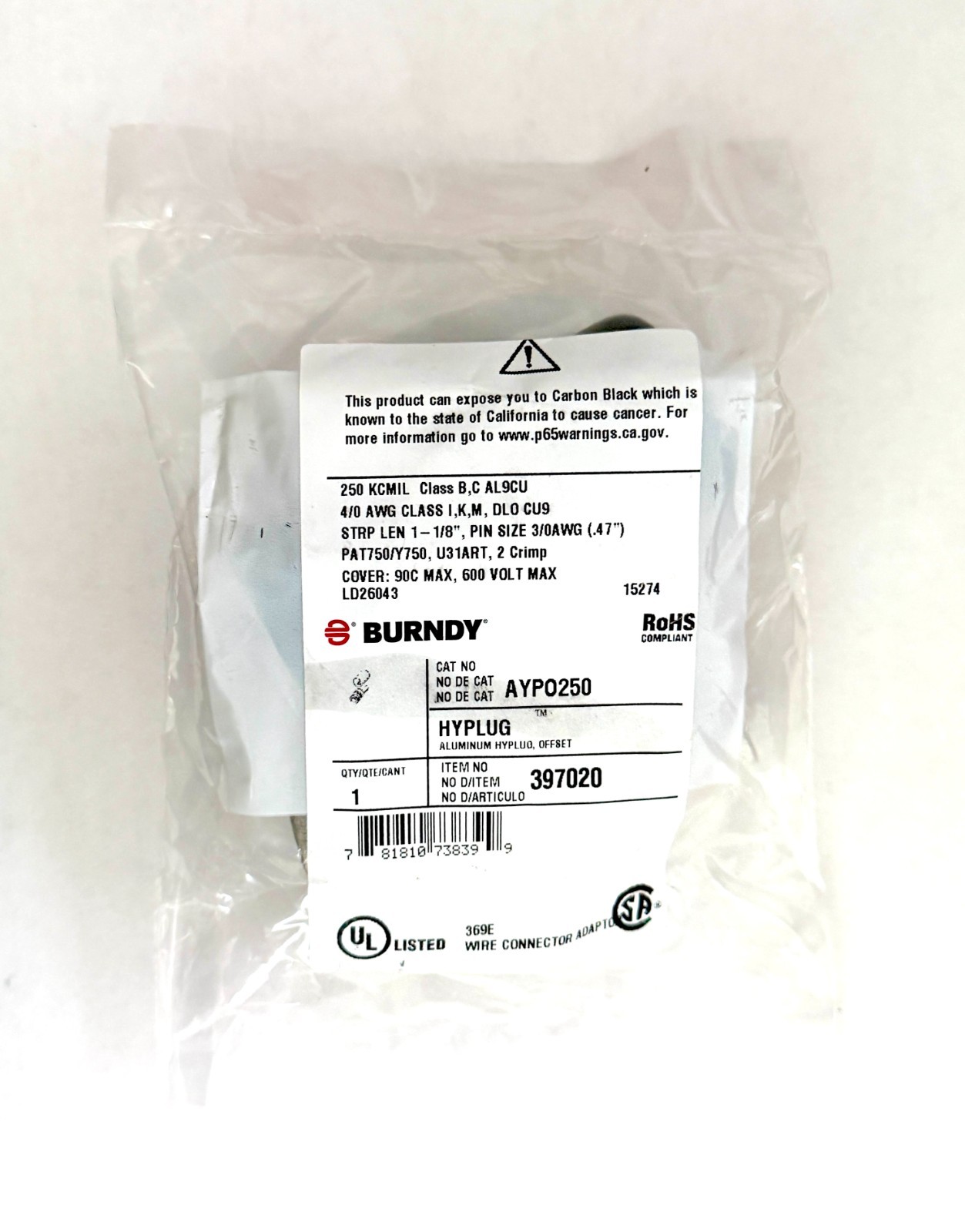 NEW - Burndy HYPLUG AL Offset Adapter - AYPO250 250KCMIL - --  SHIPS FREE