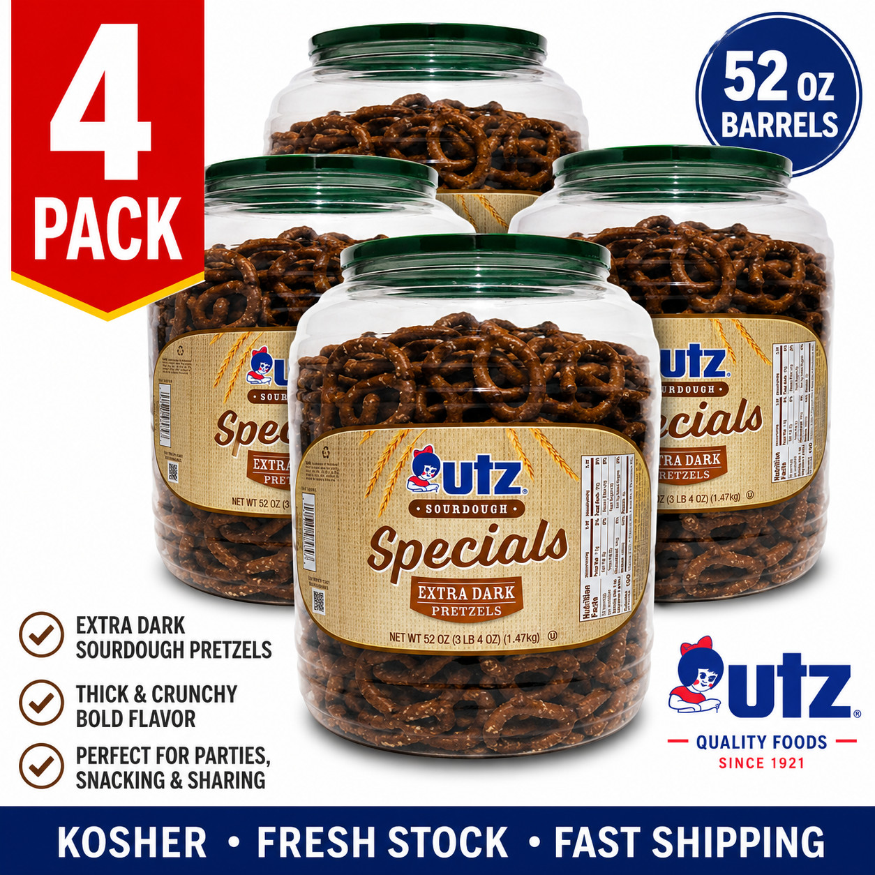 UTZ SOURDOUGH SPECIALS EXTRA DARK PRETZELS – 52 OZ BARRELS, 4-PACK
