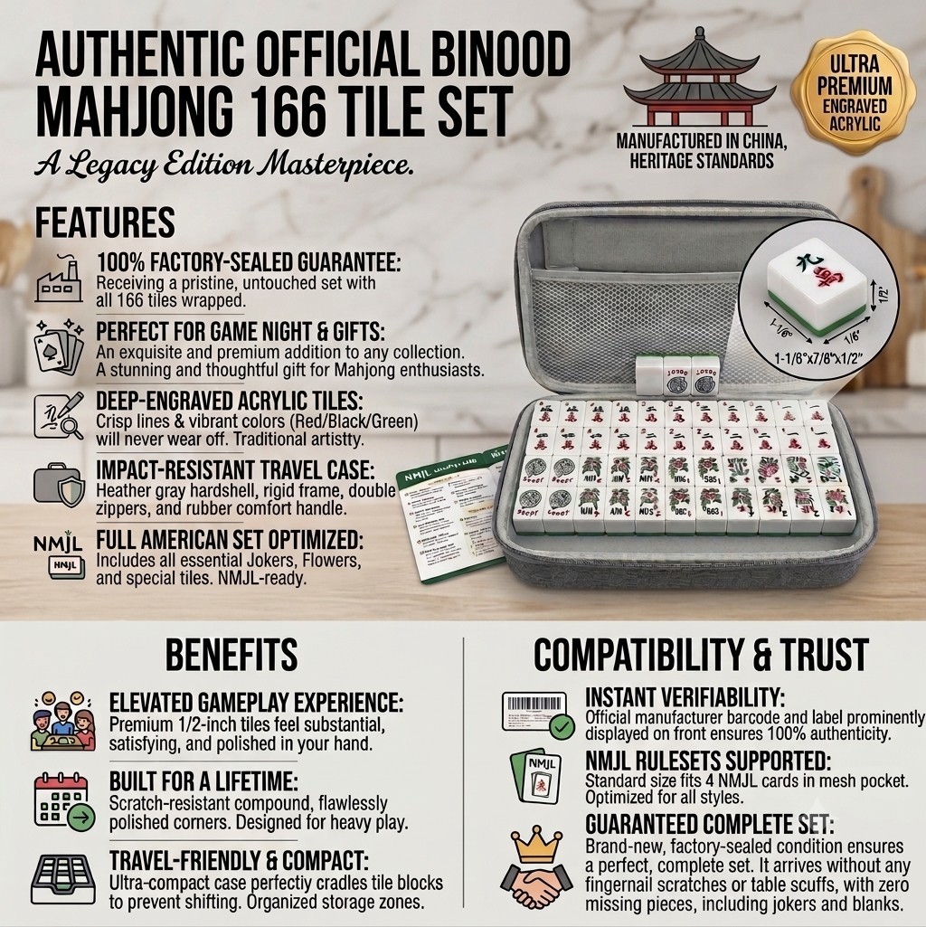 RARE Official BINOOD American Mahjong 166 SEALED Engraved Tiles + Hardshell Case RARE Official BINOOD American Mahjong 166 SEALED Engraved Tiles + Hardshell Case