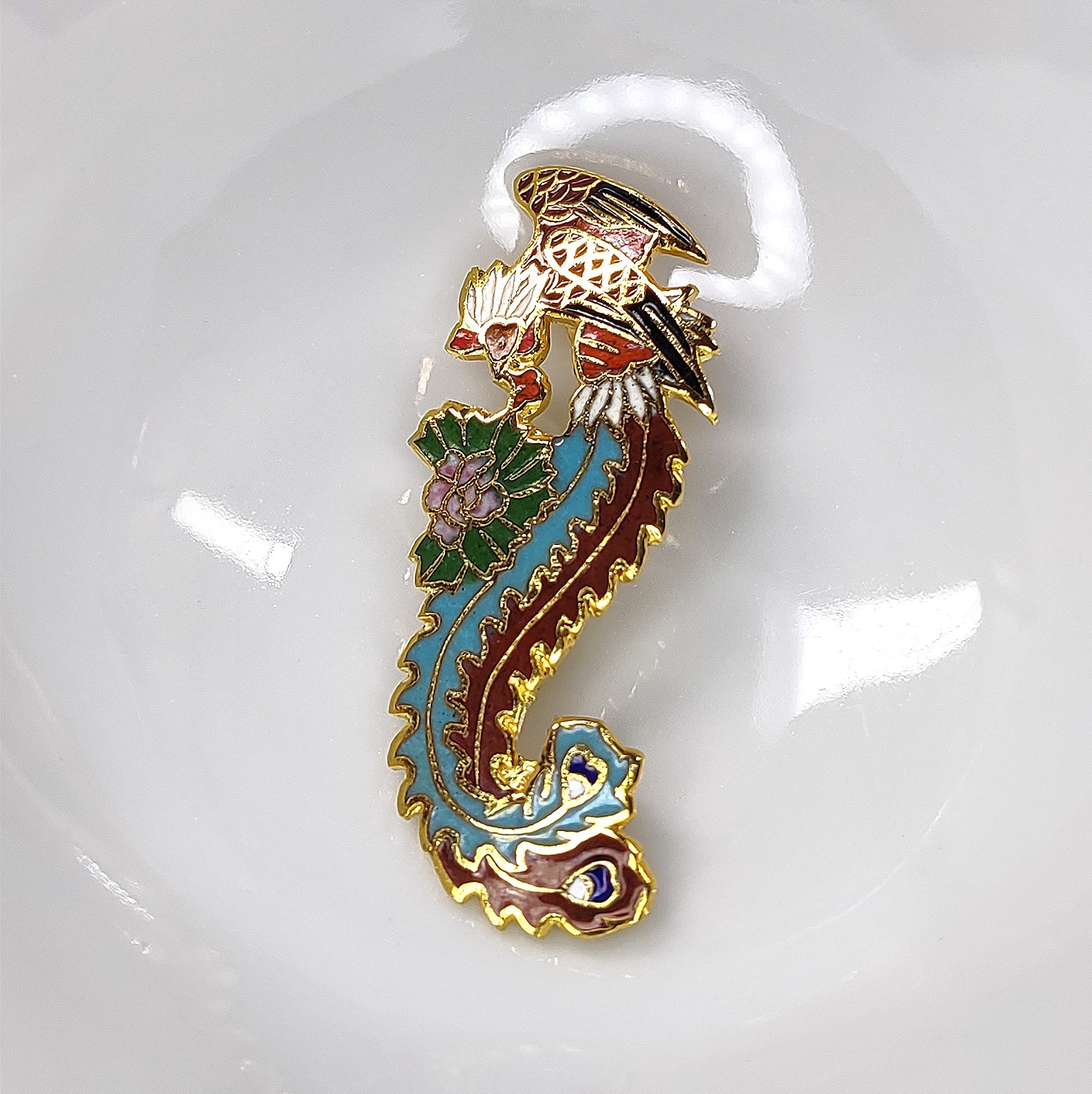 Vintage 80s Enamel Phoenix Brooch Firebird Chinese Fenghuang Pin 1.9