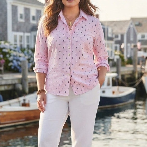 Talbots Pink Stripe Nautical Anchor Sailboat Print Button Down Top Size 2X NWT Talbots Pink Stripe Nautical Anchor Sailboat Print Button Down Top Size 2X NWT