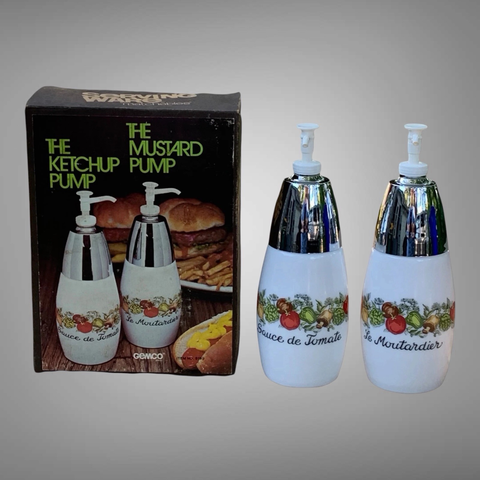New Gemco Corning Ware Spice of Life Ketchup & Mustard Condiment Pump Set New Gemco Corning Ware Spice of Life Ketchup & Mustard Condiment Pump Set